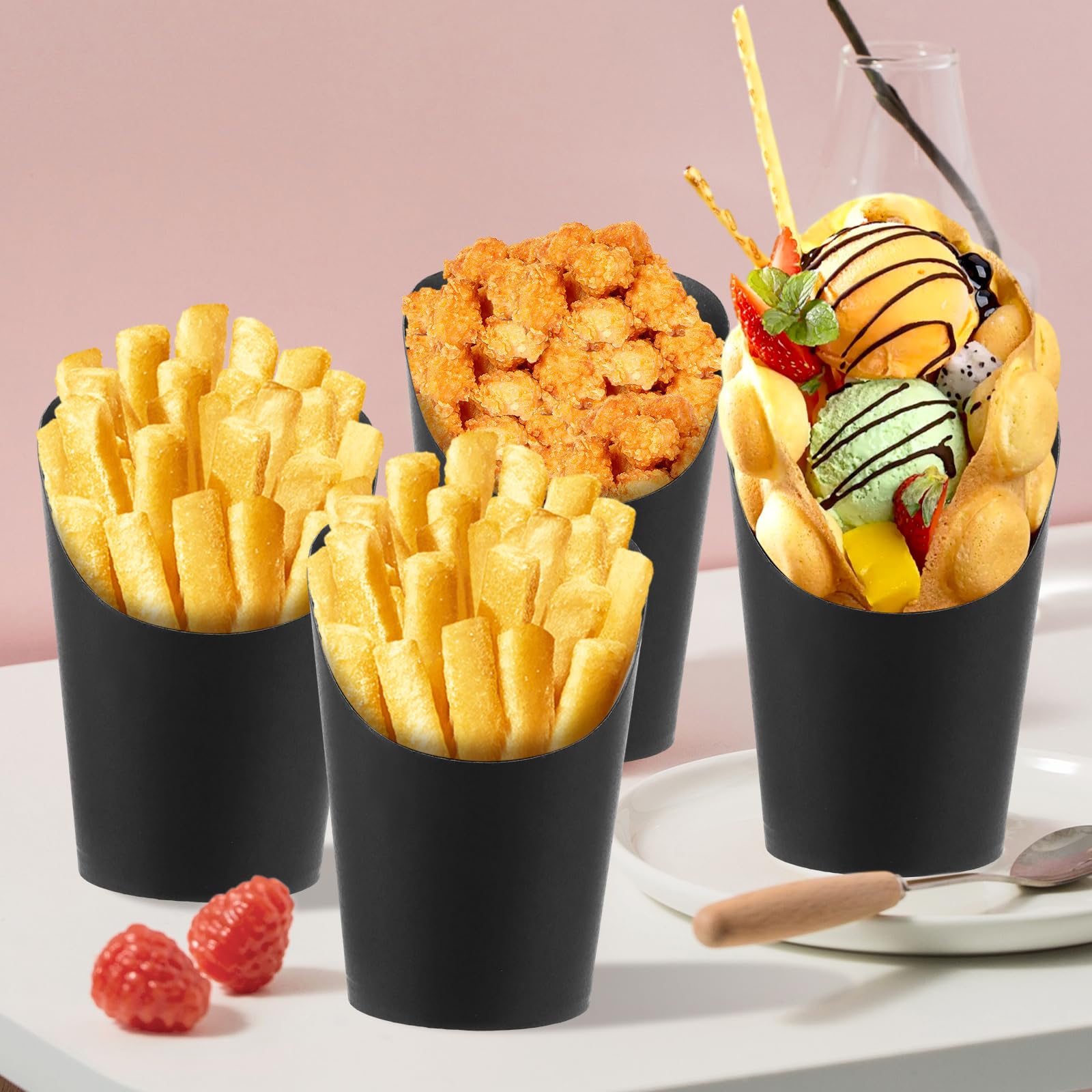 100 Barquettes Frites en Papier Kraft, 14oz Cornet Frite Noir pour Bubble Waffle et Cornet de Glace, Poches à Frites Épaisses Résistantes à l'Huile, 100 Pièces