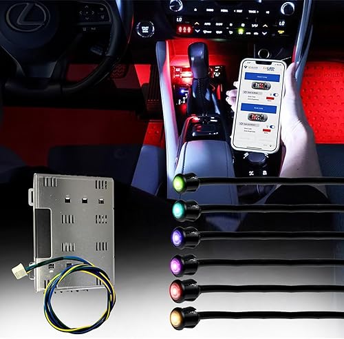 Luces LED interiores para automóvil con control de aplicación y CarPlay y cambio de color RGB, diseño basado en fibra óptica, 6 salidas de luz,