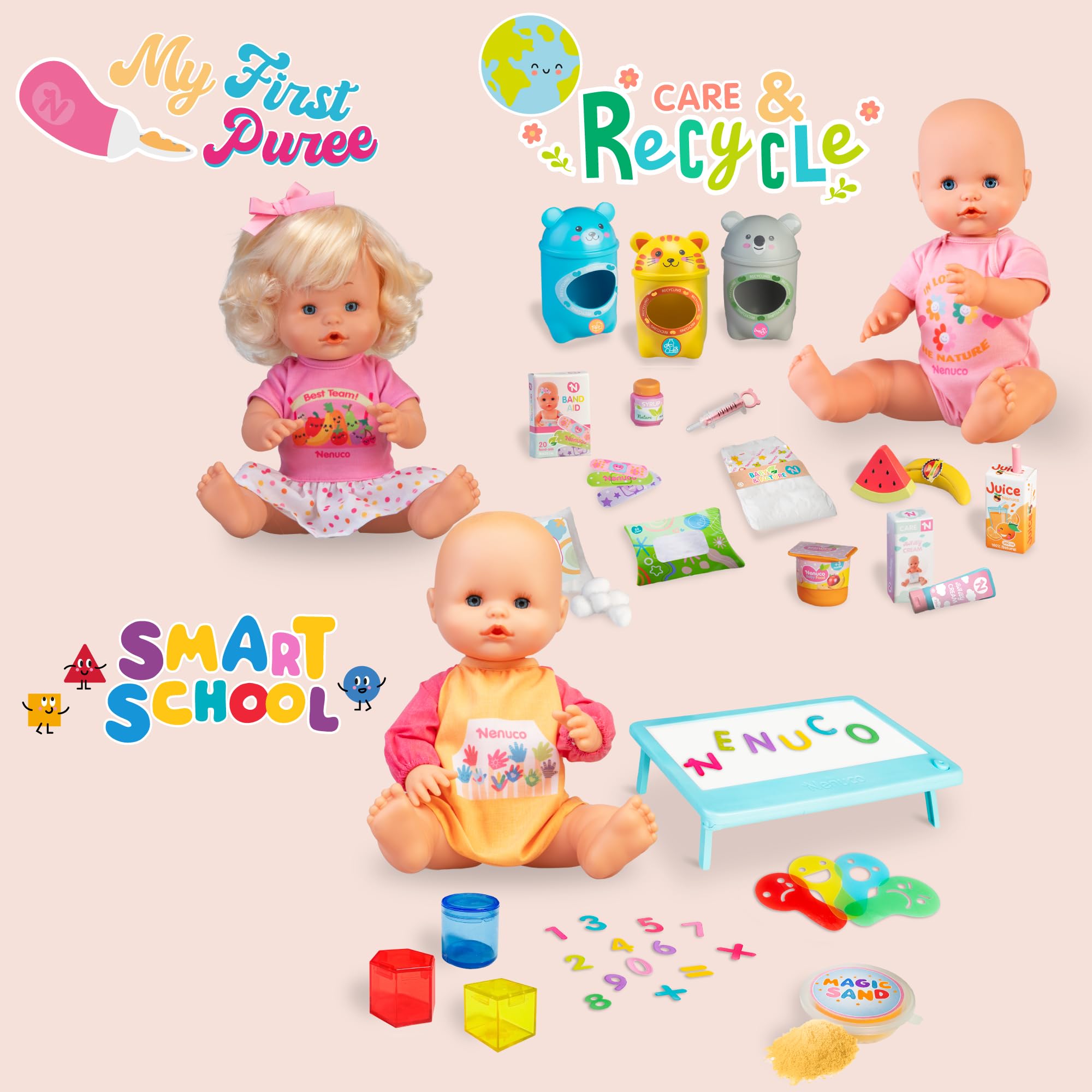 NENUCO - Cuida y Recicla, Muñeco Bebé de 42 cm y Cuerpo Duro y Body Rosa, Accesorios para Dar de Comer, Cambiar Pañal y Curar Heridas, Incluye 3 Contenedores de Reciclaje, +3 Años, Famosa (NFN98000)