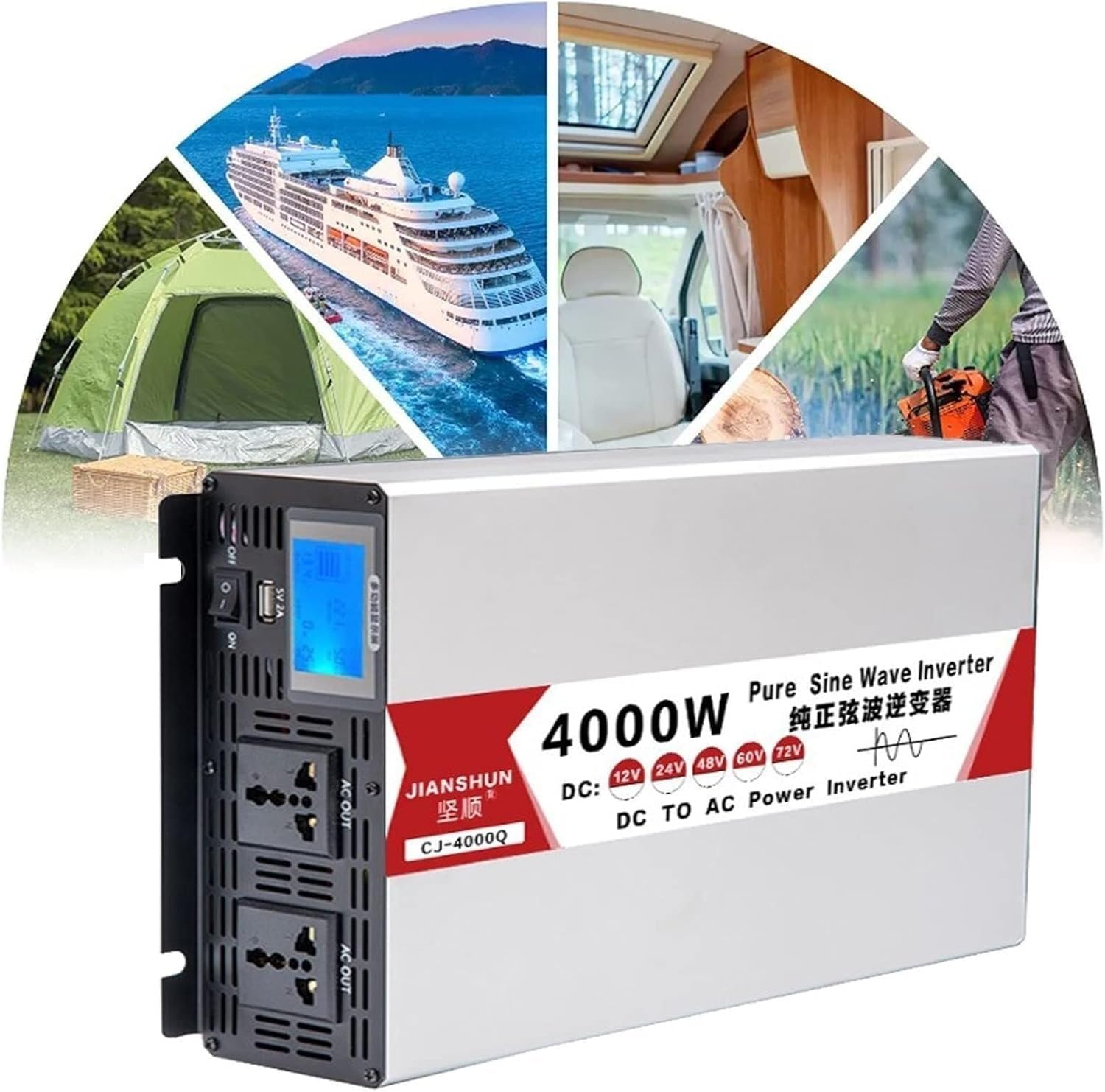 Falownik sinusoidalny 4000 W/5000 W/6000 W/8000 W DC 12 V/24 V/48 V/60 V/72 V AC 110 V przetwornica napięcia z gniazdami AC, wyświetlacz LCD do podróży, na kemping (8000 W, 24 V)