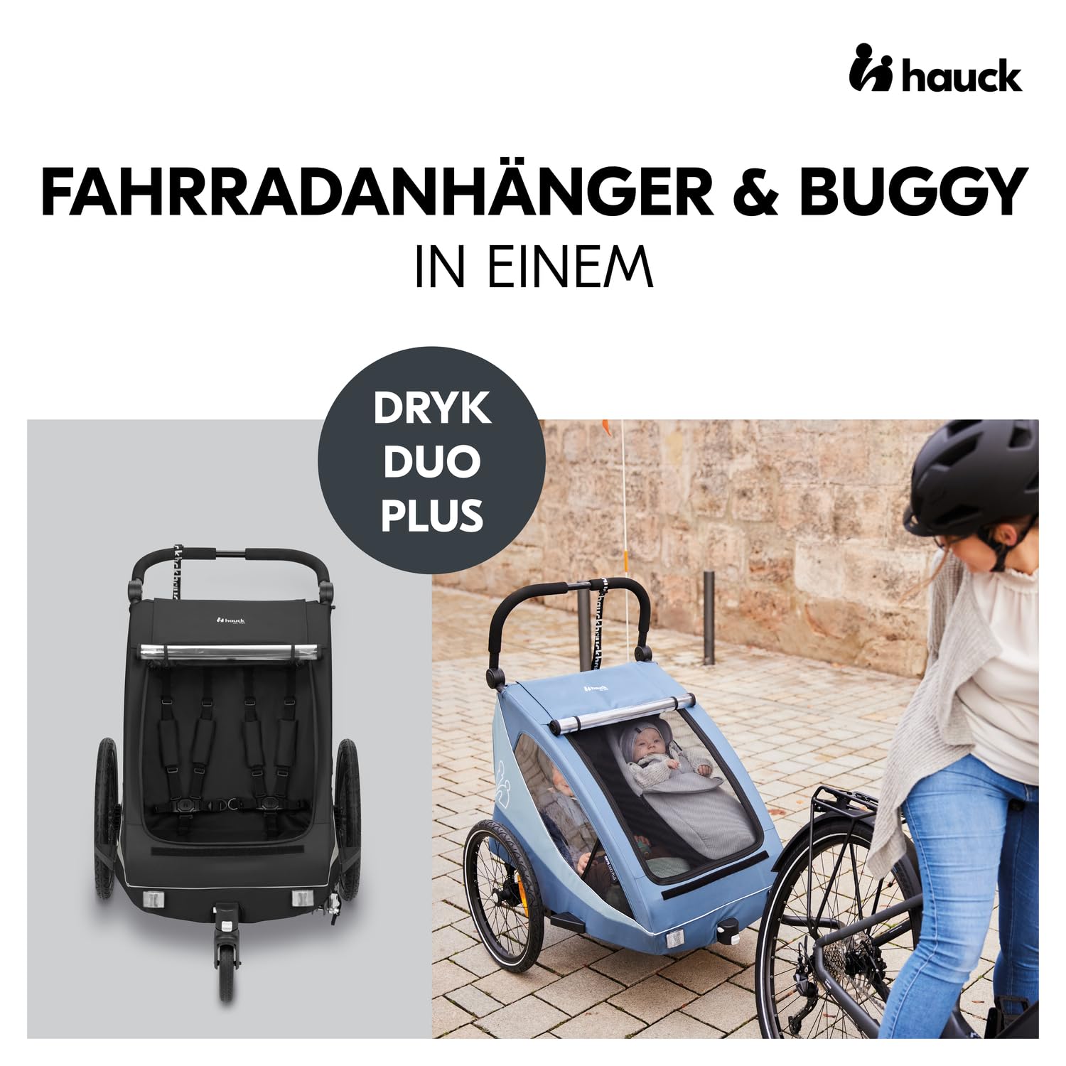 Hauck Dryk Duo Plus - Remolque de bicicleta y cochecito para 2 niños (6-48 meses), incluye protección contra la lluvia, toldo, barra de remolque, rueda de buggy, bandera y luz LED, color negro