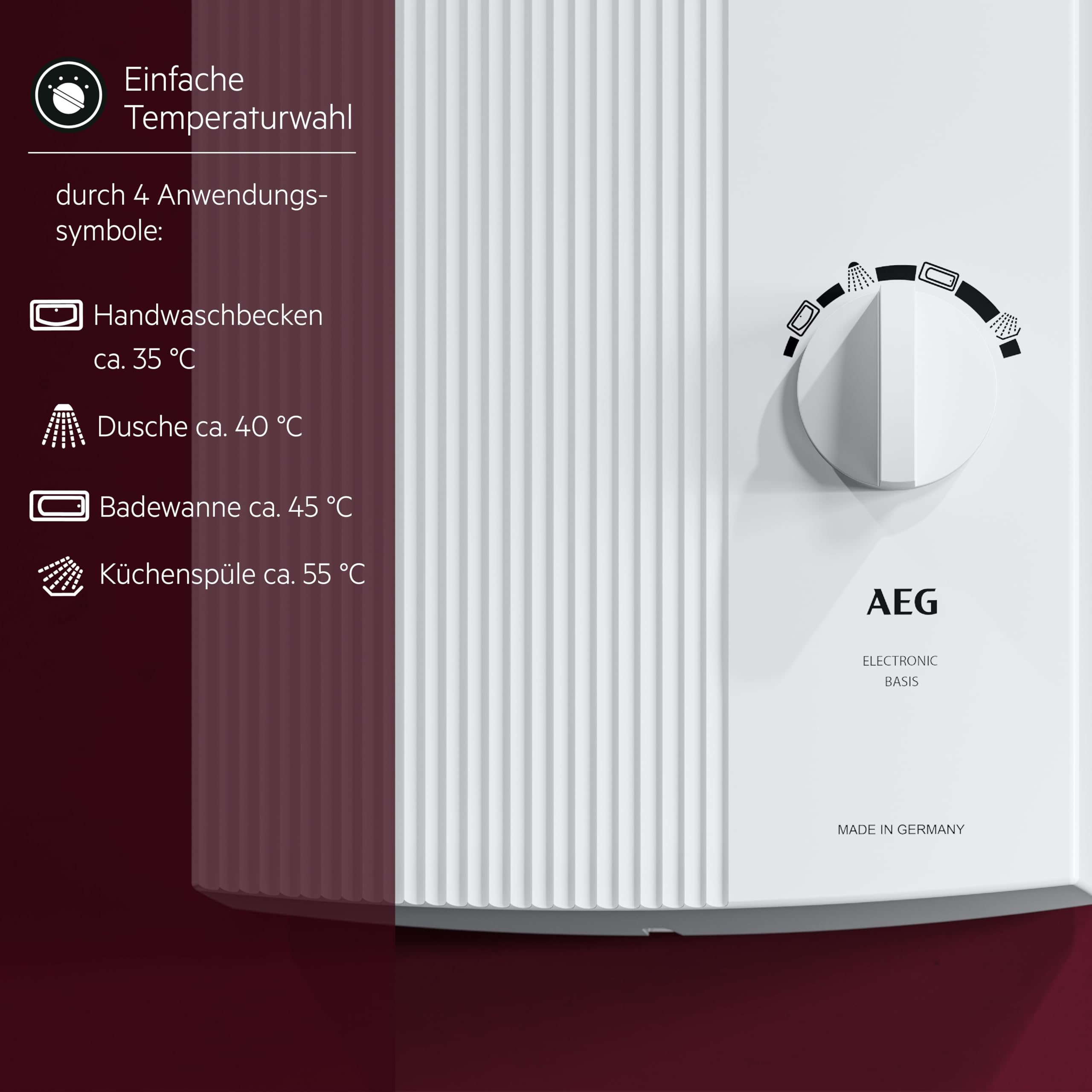 AEG elektronischer Durchlauferhitzer DDLE Basis 18/21/24 kW, umschaltbar, stufenlose Temperaturwahl durch 4 Anwendungssymbole, Festanschluss 400V, VDE geprüft, 222390