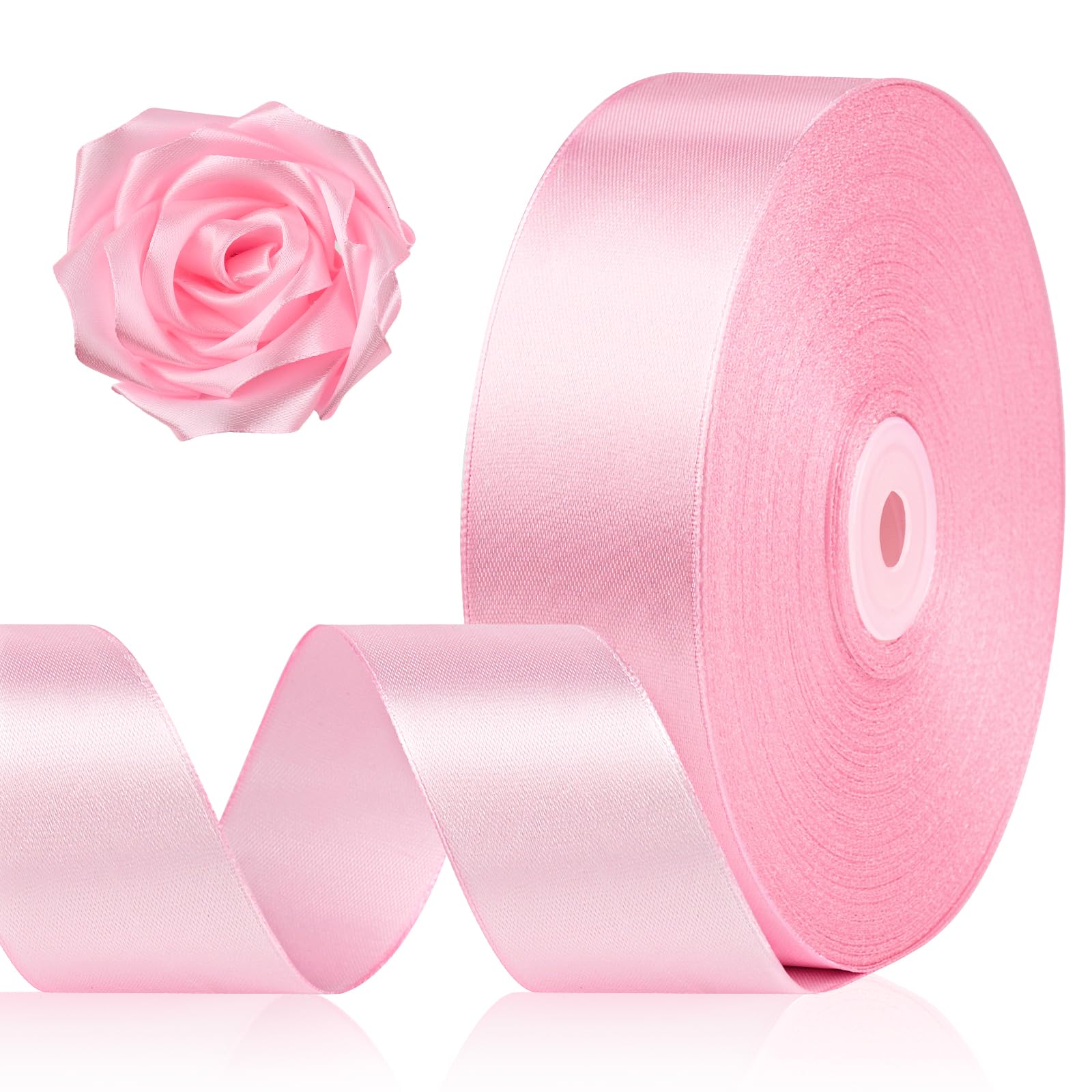 Photo 1 of 1-1/2 Inch 100 Yards Pink Satin Ribbon, Solid Fabric Ribbon Roll for Flower Bouquet, Gift Wrapping, Roses Making, Handmade Crafts