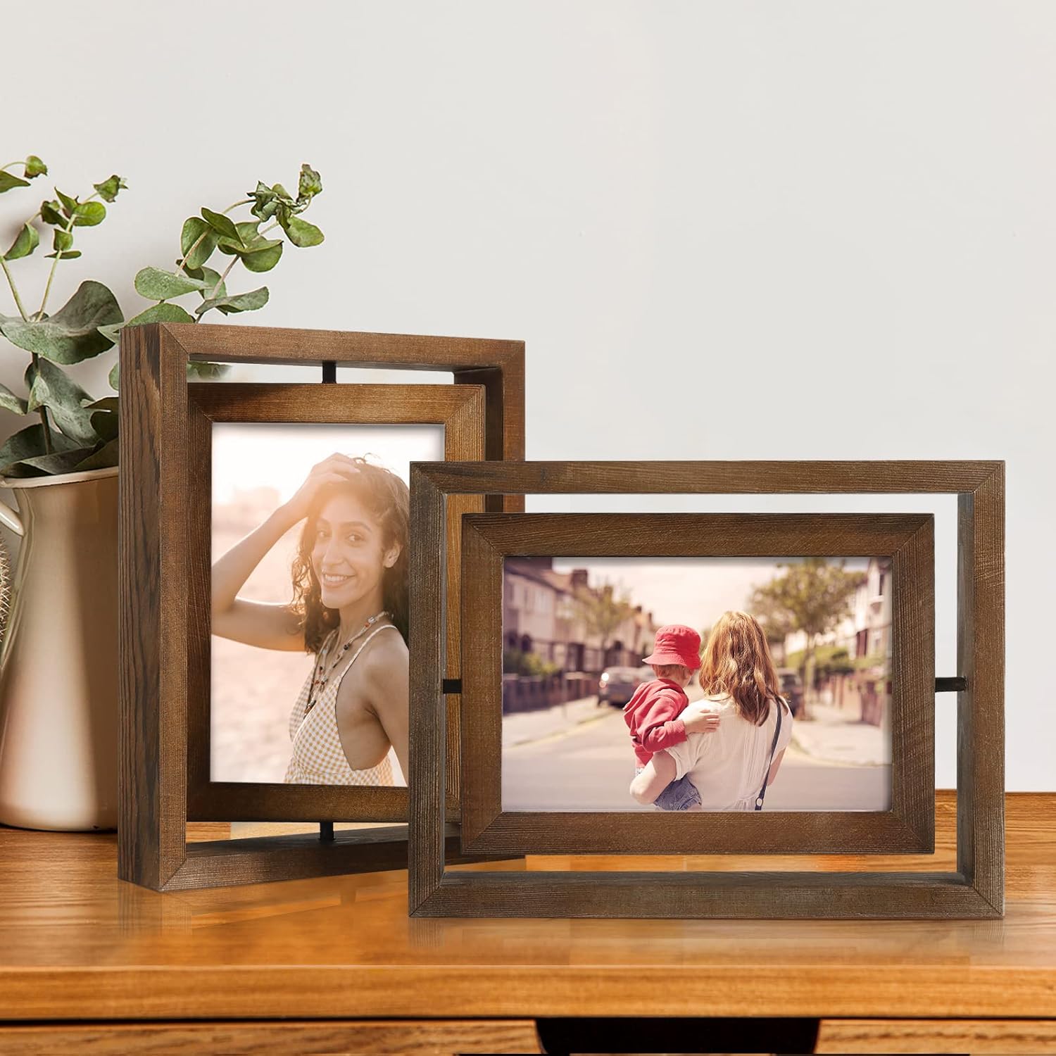 Egofine 2 Pack 4x6&5x7 Rotating Floating Picture Frames Double-Sided Display with HD Glass Front Wooden Distressed Frame for Vertical or Horizontal Tabletop Display