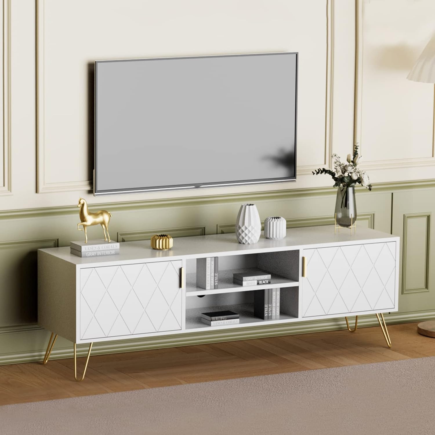 Anbuy White TV Stand for Bedroom Wood 43.3 inch TV Console Media