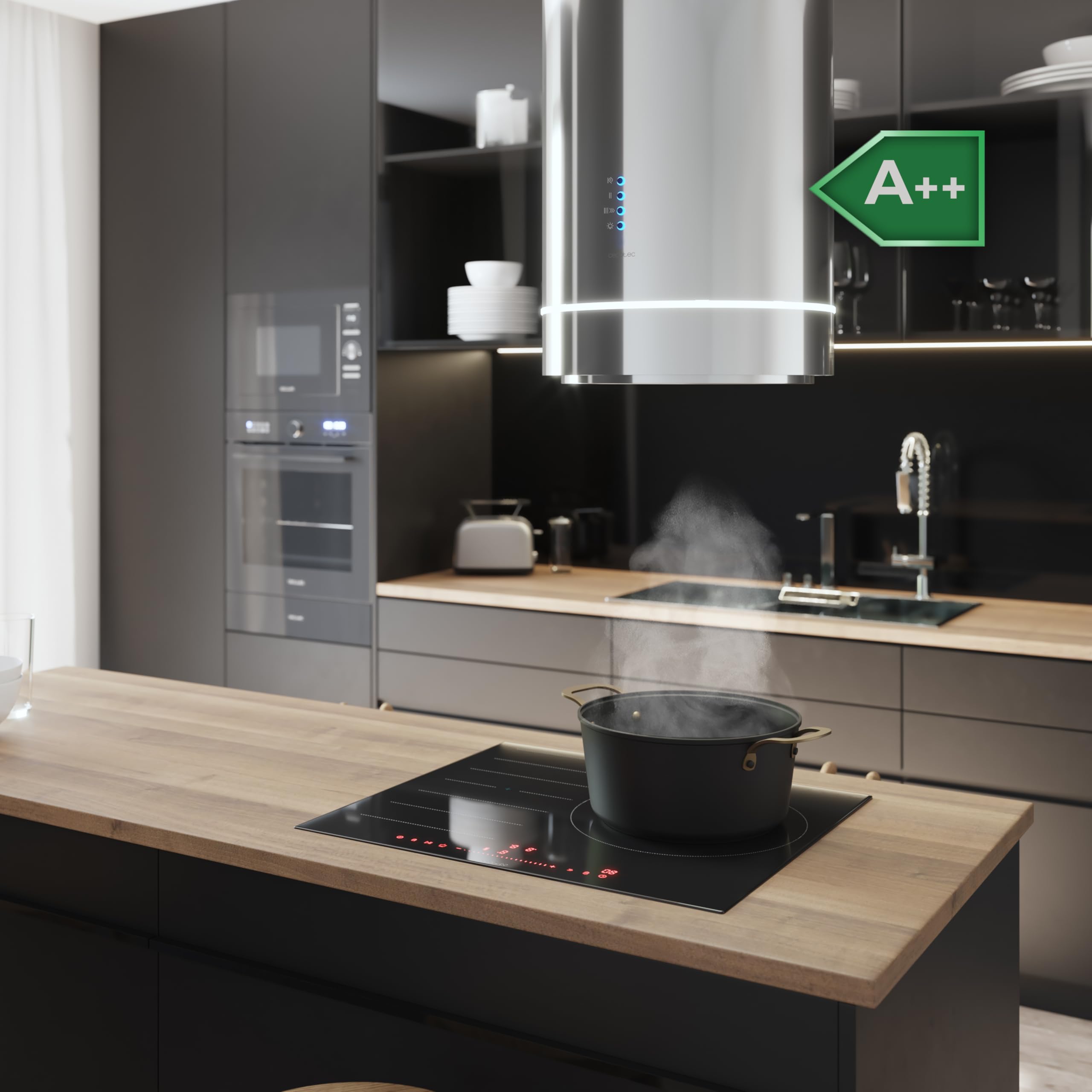 Cecotec Cappa Aspirante Isola Rotonda 38cm Bolero Flux Ire 388000 Inox A++. Aspirazione 712m3/h, Motore 210W, Controllo Elettronico, Pannello LED, Filtro Carbone, Design Elegante Inox