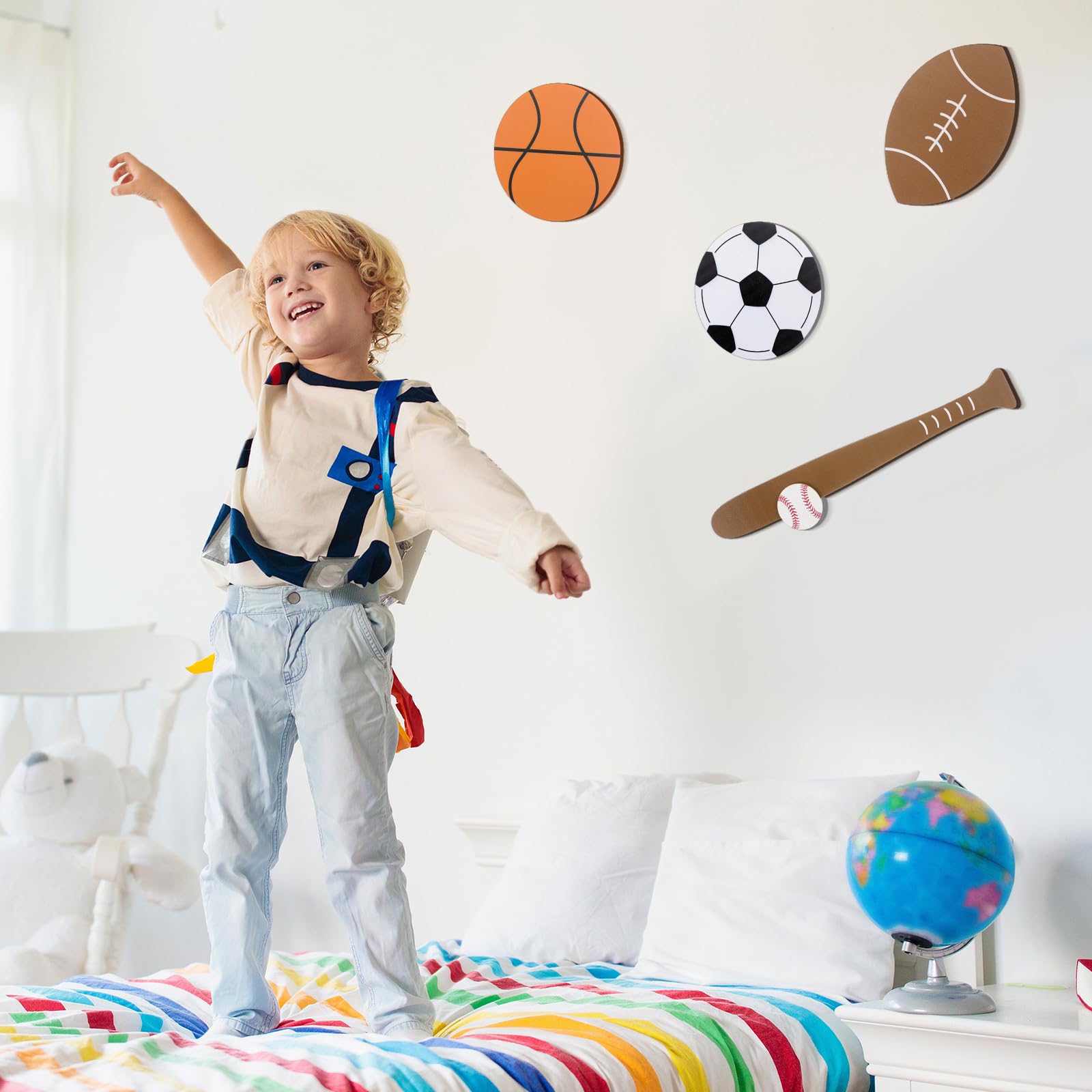 Briwoody 4-Piece Wooden Sports Wall Decor - Basketball, Football, Baseball, Soccer Art For Boys Bedroom