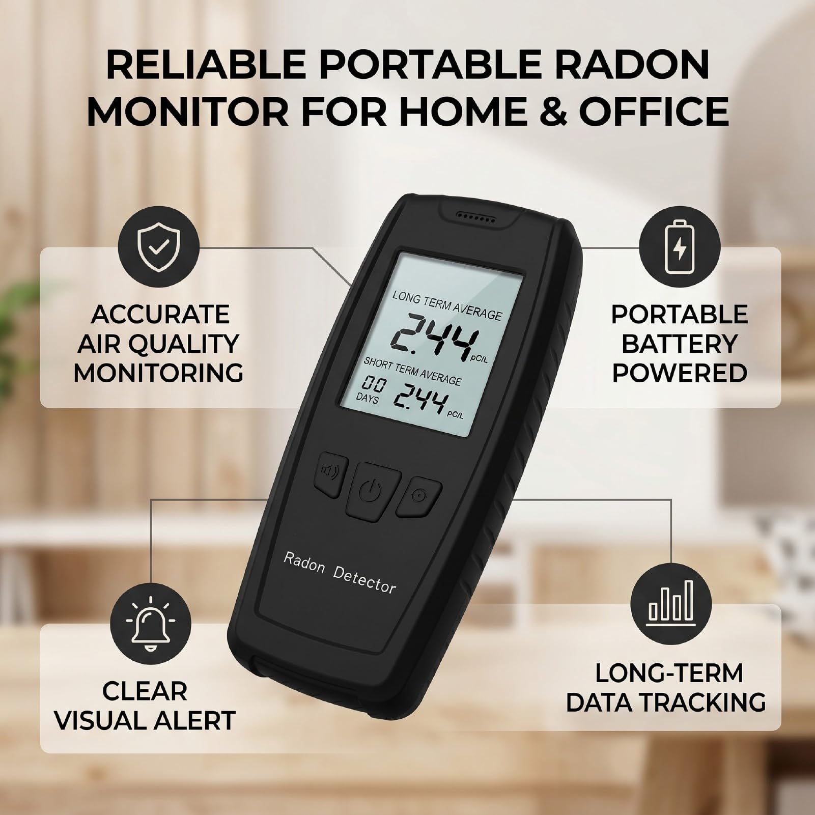 Luocute Rilevatore di Radon Portatile, Display LCD Digitale 0-270pCi L Monitor di Radon con Sensore Ionico Avanzato, Allarmi Visivi Acustici, Archiviazione Dati a Lungo Termine per