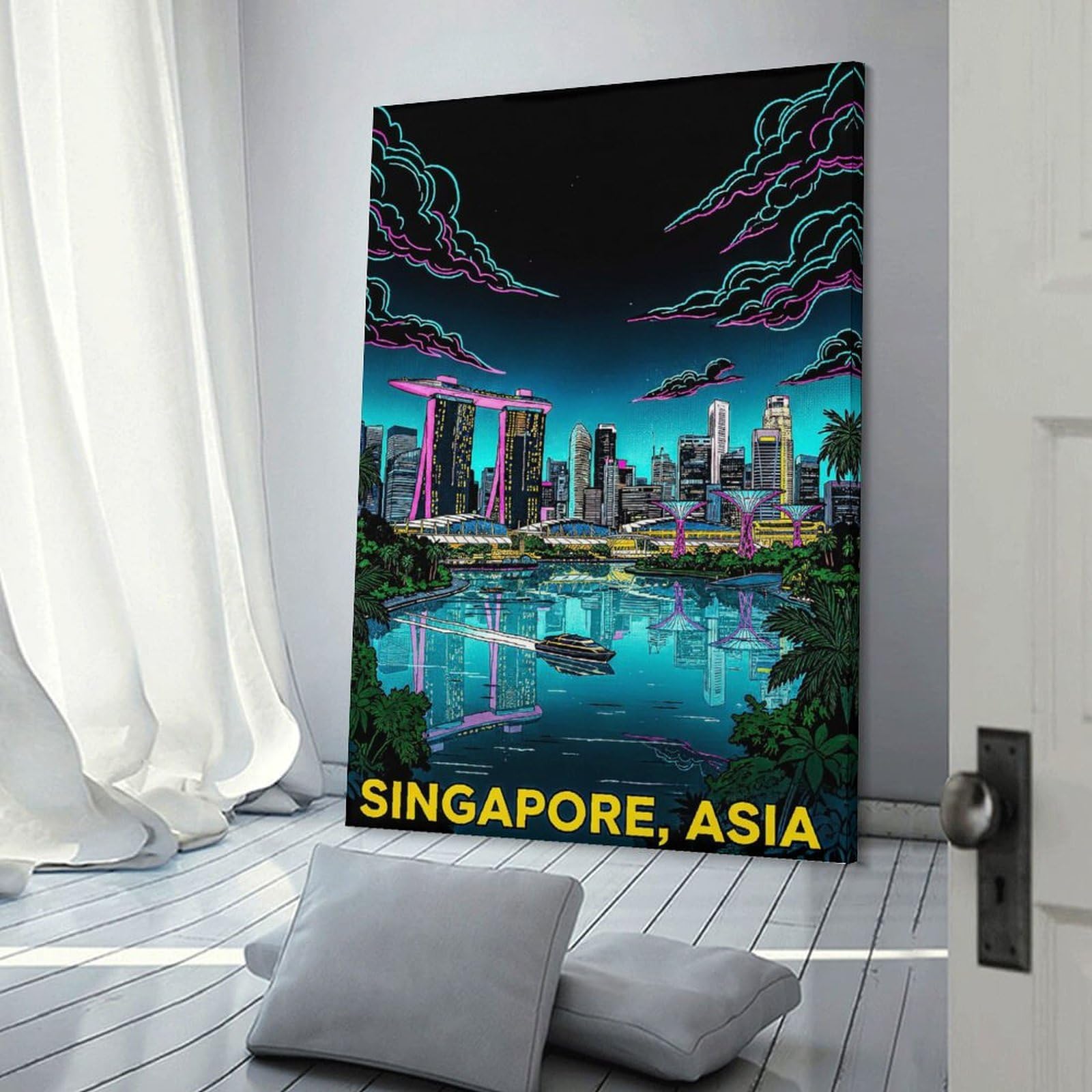 Junmoney Decorative Wall Artwork Singapore Skyline at Night, 24x36inch(60x90cm), for Living Room, Bedroom Or Apartment Walls, Decorative Artwork for Empty Walls