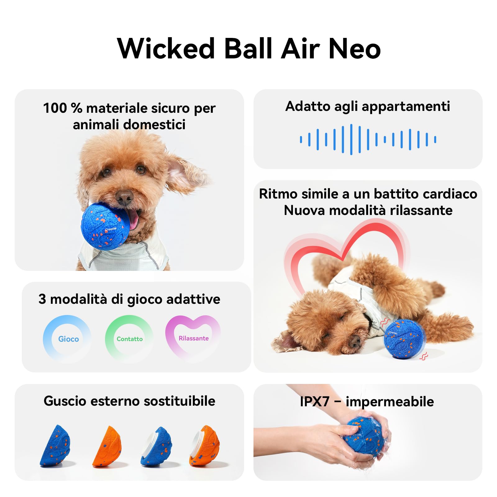 Cheerble Wicked Ball AIR Neo, palla autoavvolgente con 3 modalità, giocattolo intelligente interattivo per cani, per saltare, blu