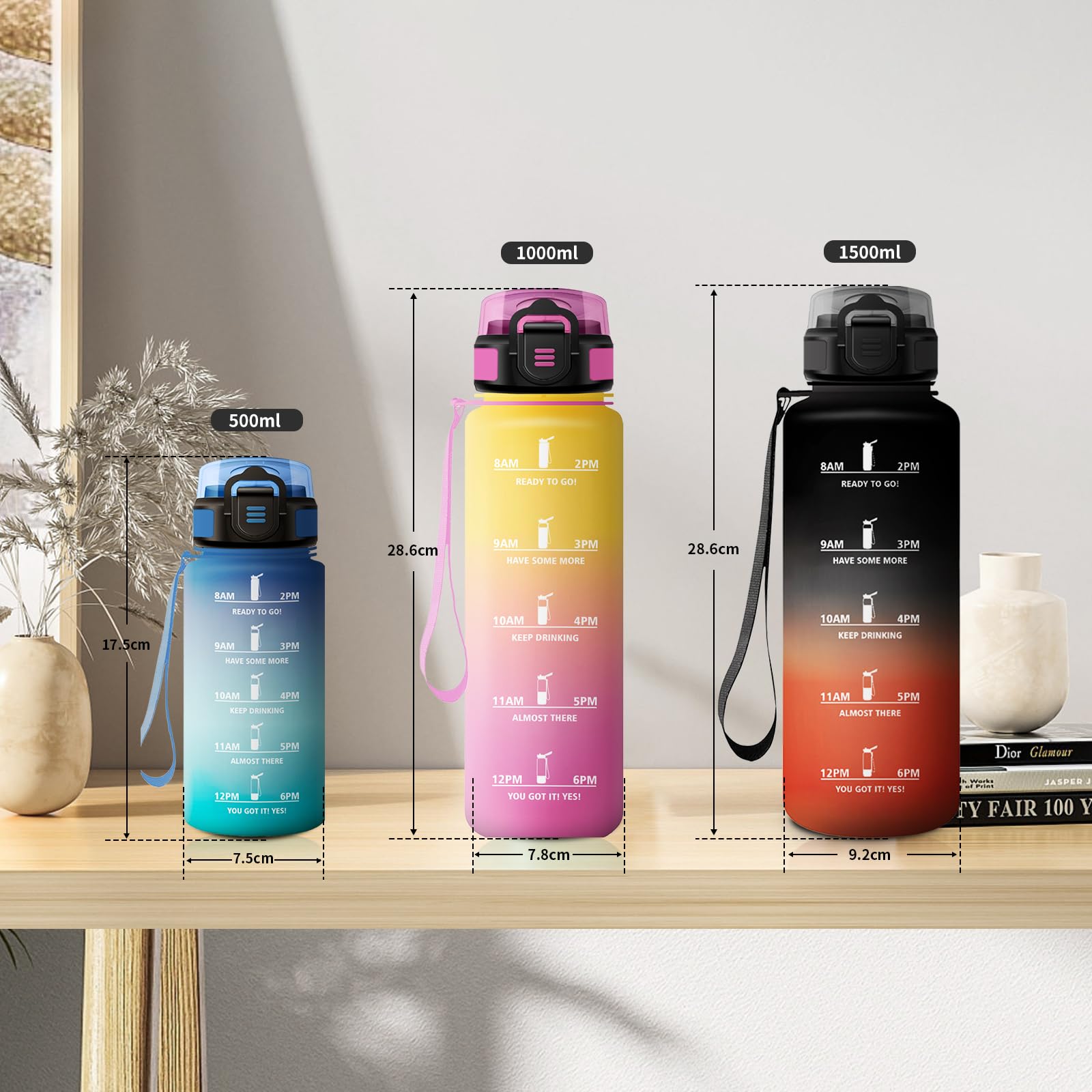 Borraccia Motivazionale 1,5L, Bottiglia Riutilizzabile, Facile da Aprire, Borraccia Sportiva con Cannuccia, Borraccia Palestra con Indicatore del Tempo, Borracce per Lavoro, Escursionismo, Yoga