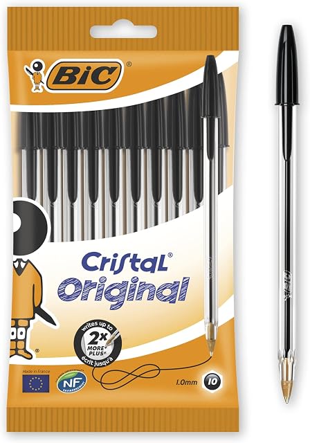 Bic Cristal Original Ballpoint Pens, Smudge-free with Medium Point (1.0 mm), Black, Ideal for Office and School, Pack of 10
