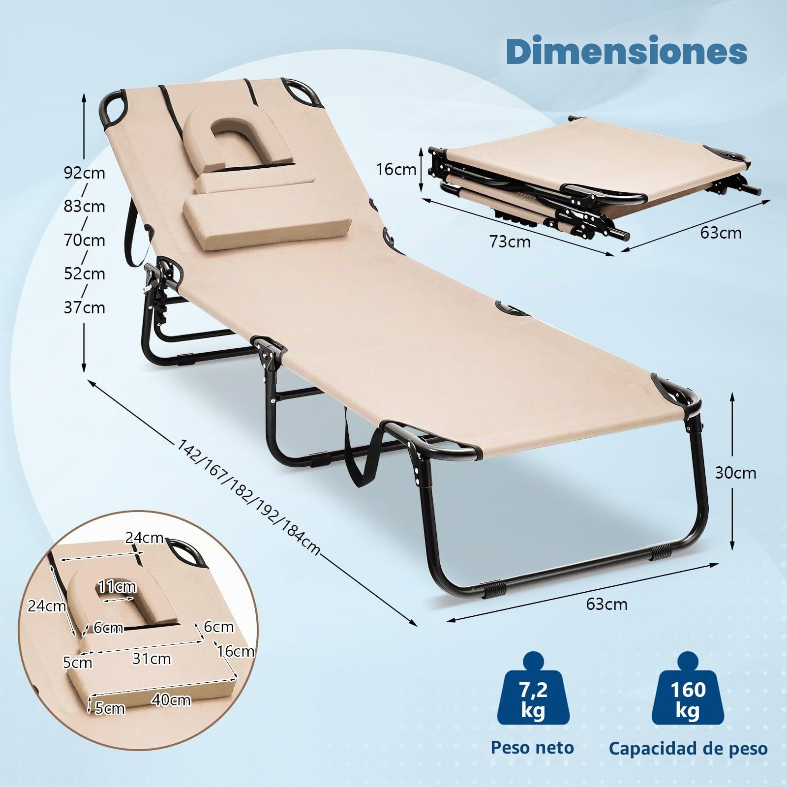 KOMFOTTEU Tumbona Plegable con 3 Reposacabezas Extraíbles (Beige)