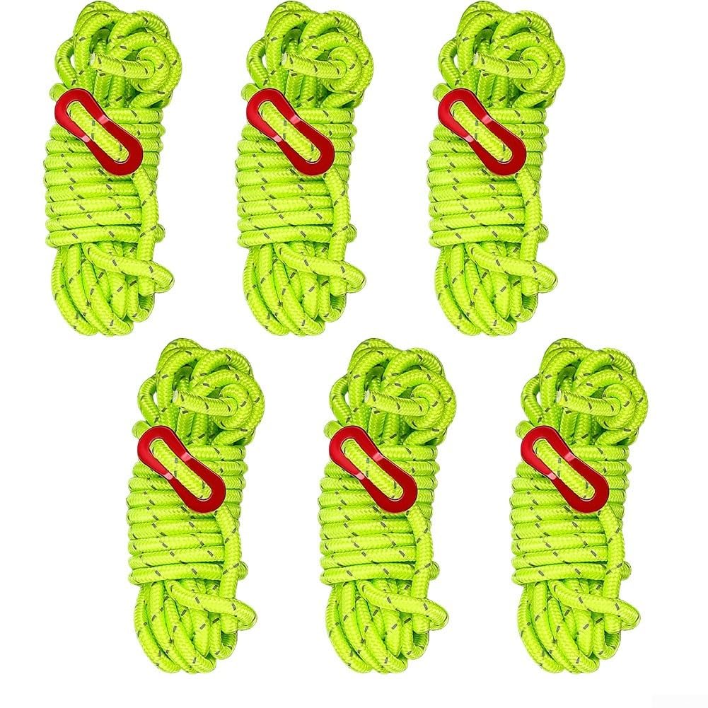 Reflective Guy Lines 6mm Guide Rope with Sliders for Caravan Bivvy Fishing Umbrella - Neon Green 6 Units