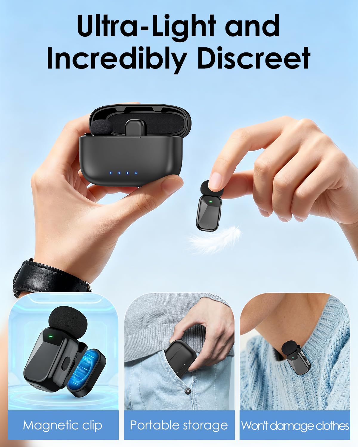 PoP voice Wireless Lavalier Microphone for iPhone/Android - Mini Clip-On Mic with Noise Cancellation, 65ft Range, 12H Battery, Lapel Mic for Record Video, Podcast Vlog Content Creator Interview: Black J27+Charging Case