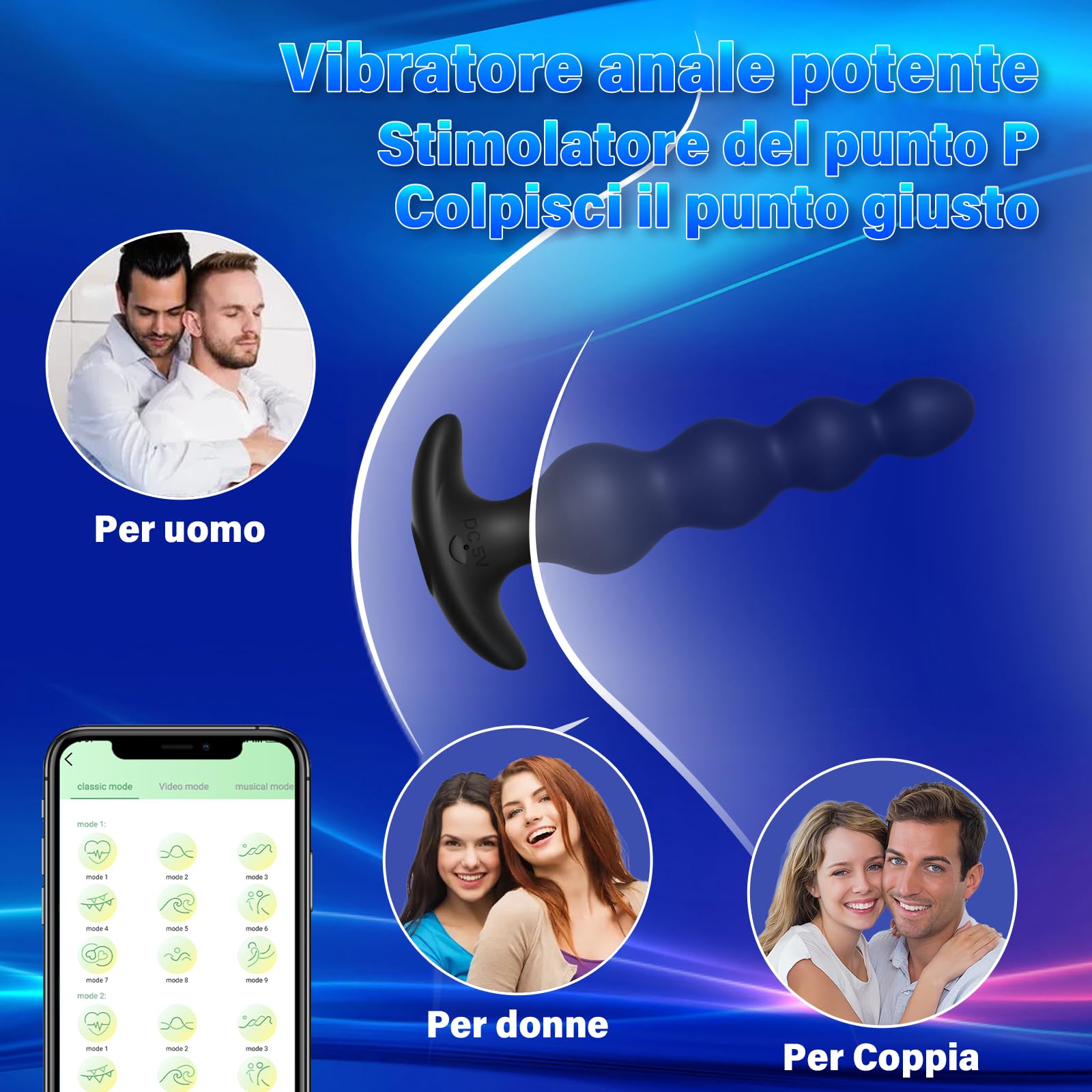 Vibratore Anale Plug sex toys -14cm prostata vibratore in silicone ricaricabile e vibratore del punto G, giocattoli sessuali Anali Uomo/donne/coppie piacere, con controllo app 9 modalità di vibrazione