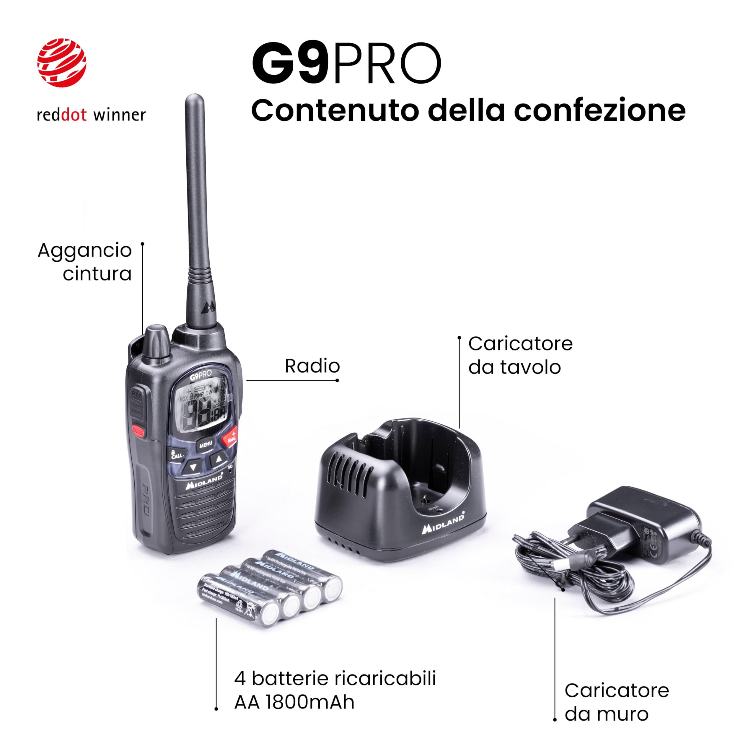 Midland - Walkie Talkie G9 PRO, Ricetrasmittenti Professionali IPX4 Waterproof per Softair e Outdoor, 101 Canali - 32 PMR446/69 LPD, Copertura 12Km, Autonomia 23H, 4 Batterie Ricaricabili e Accessori