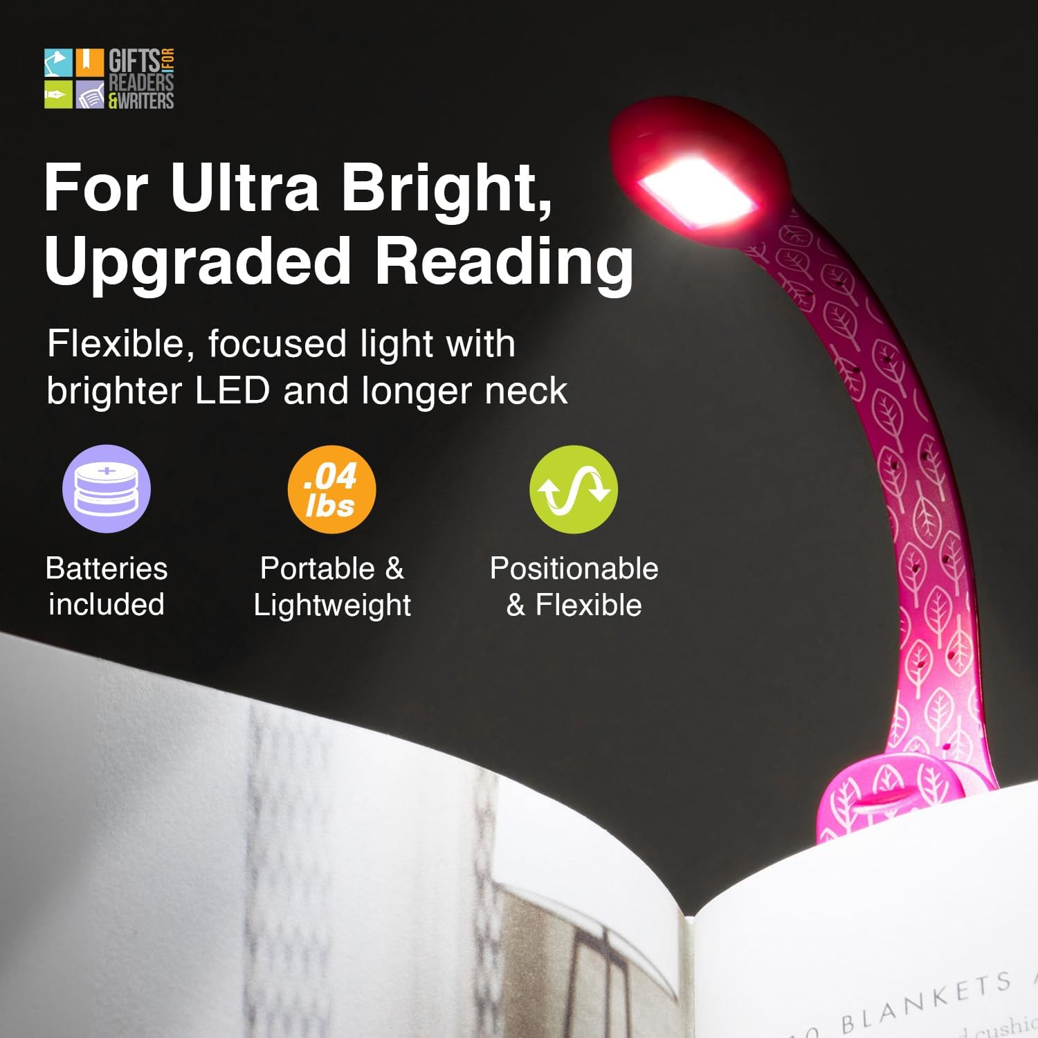 Gifts for Readers & Writers Book Light, Clip On Reading Light for Bed, 2in1 Flexilight Xtra & Bookmark, Portable & Lightweight with an Ultra Bright Glow, 2 Batteries Included, Pink Leaf