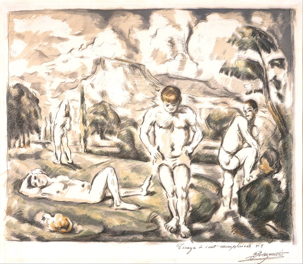 The Large Bathers de Cezanne : grand tableau avec cadre marron pour salon