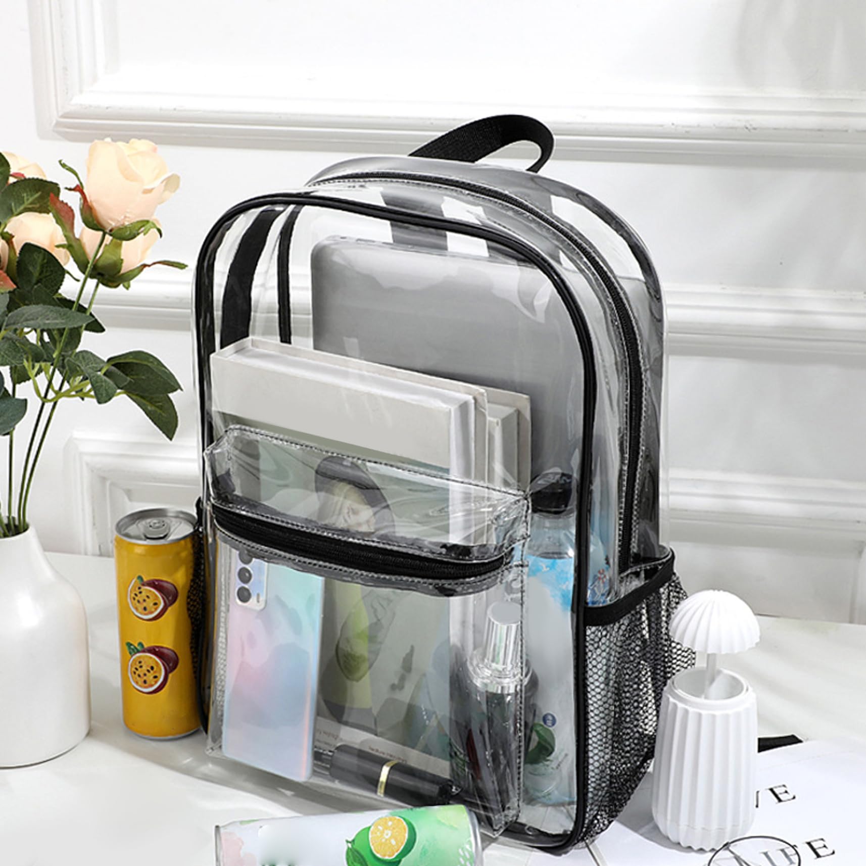 Zaino trasparente Zaino trasparente Bookbag in PVC flessibile Borsa a tasche multiple di capacità con cinghie rinforzate