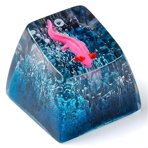 Pink Axolotl in Deep Blue Black Cute Artisan Keycap R1