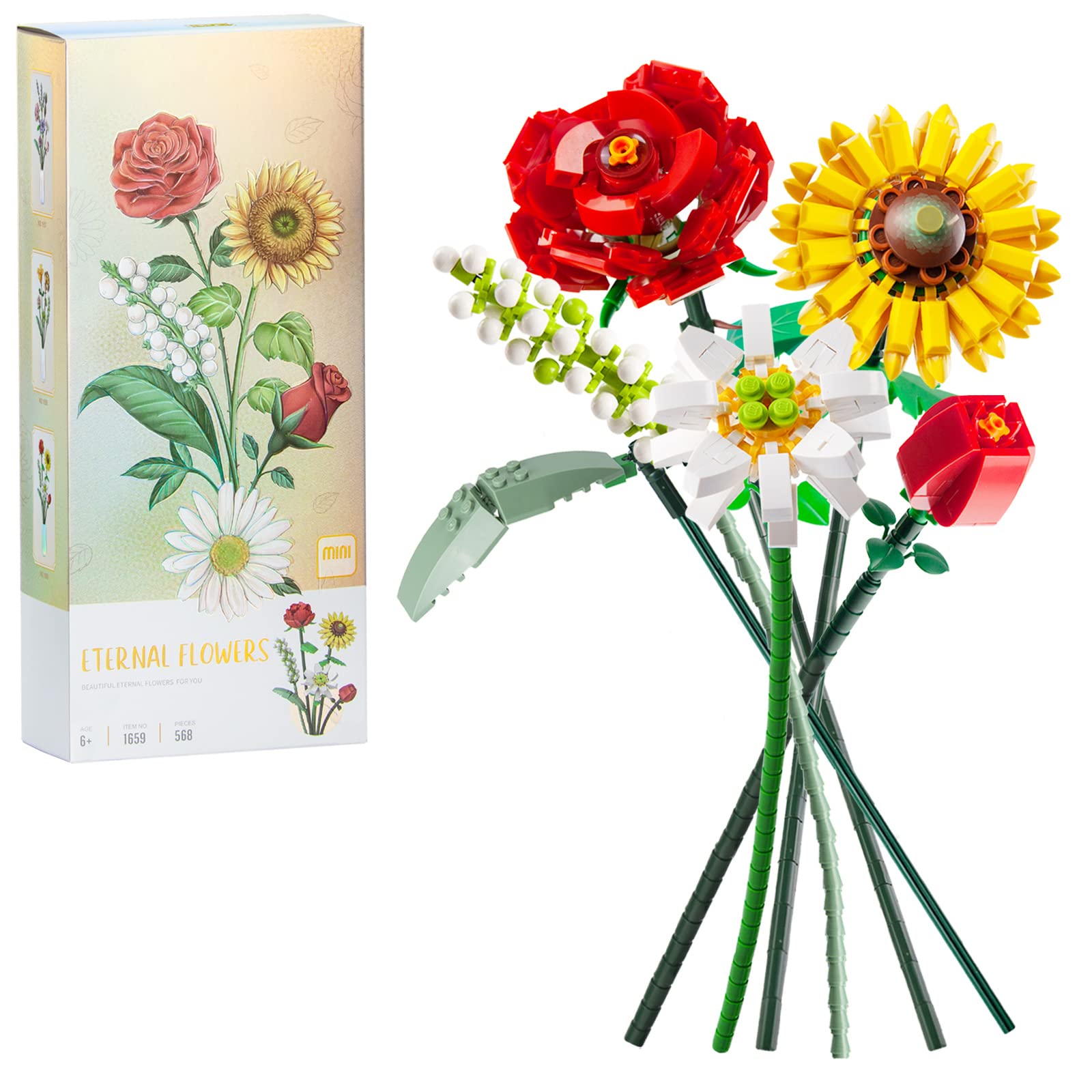 OundarM Artificial Flower Bouquet Building Blocks Kit, Sunflower Botanical Collection Set for Adults, Home Decor Accessaries, NOT Compatible with Lego (568 Pieces) - Sunflower