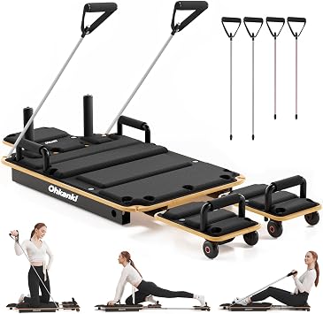 Pilates Reformer Board for Home Workout, 5-in-1 Pilates Equipment , Maple Wood Deck & High-Strength Steel Rails, Adjustable 20 lbs & 25 lbs Resistance Bands, Full-Body Training