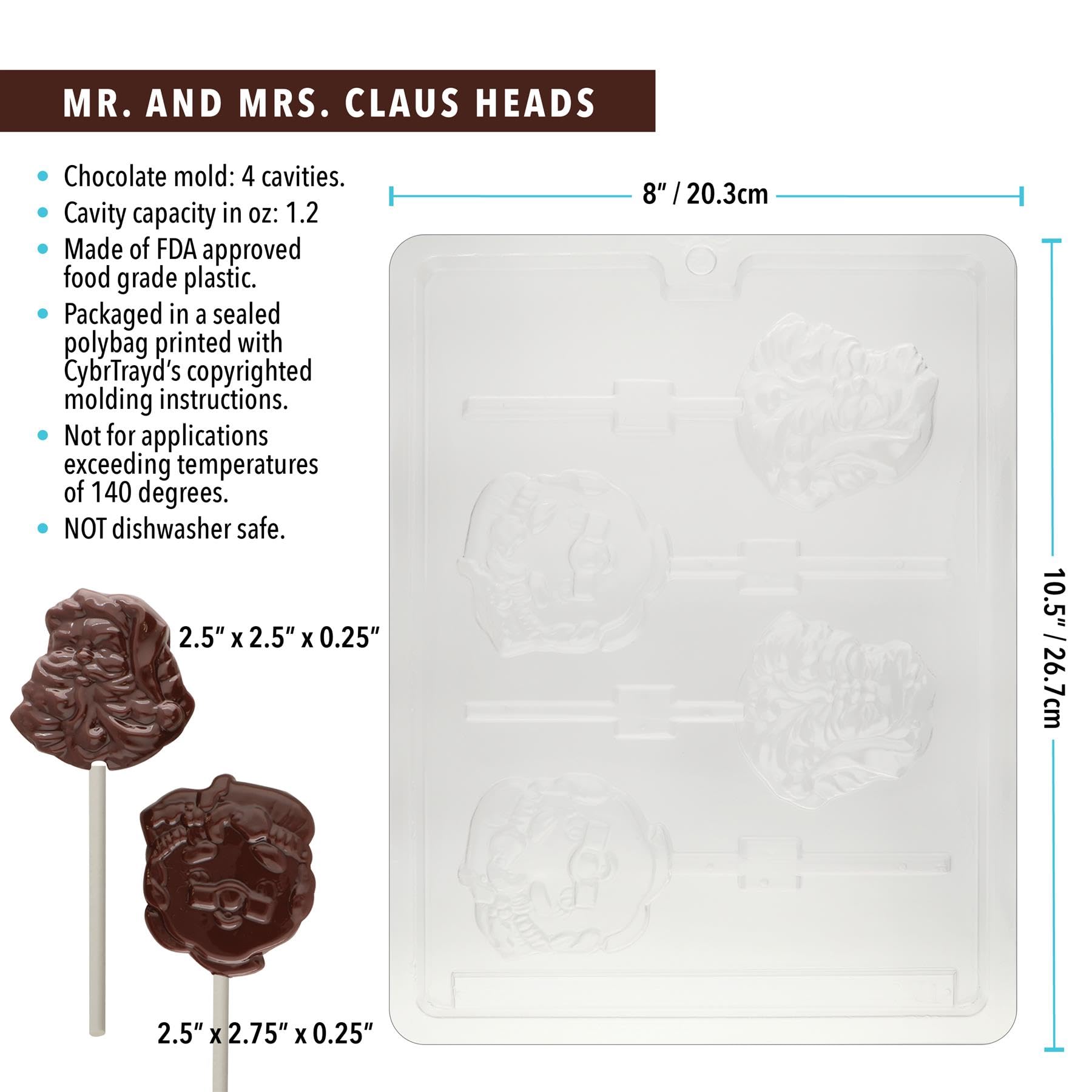 Moule à chocolat de Noël Mr and Mrs Cous avec kit d'alimentation pour sucettes (25 bâtons de sucettes, 25 sacs en cellophane, 25 attaches torsadées rouges, instructions de moulage (français non garanti)