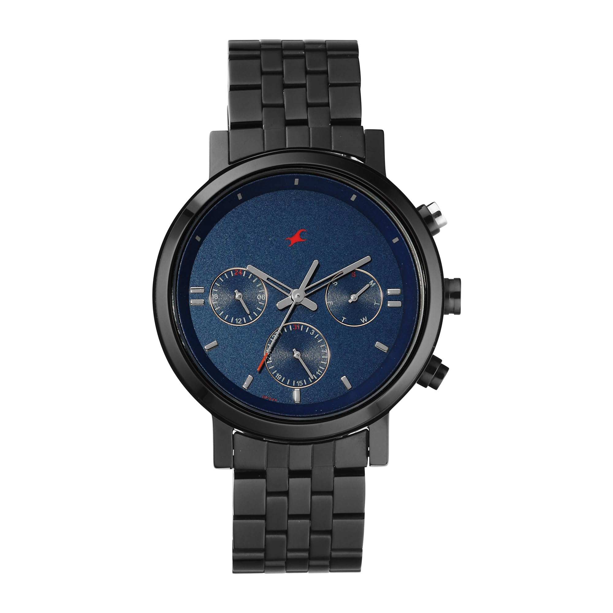 FastrackFastrack Tick Tock Quartz Multifunction Blue Dial Black Metal Strap Watch for Guys - NT3287KM03