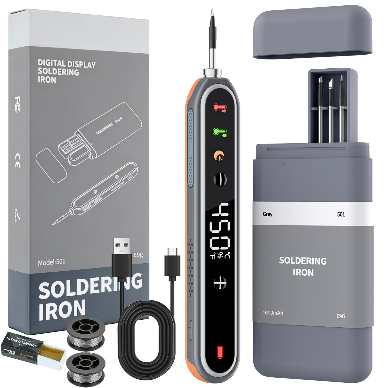 Akku Lötkolben Set kabellos USB-C 8s Aufheizung 180–450°C 1600mAh | Kabelloser USB-C Lötkolben für Elektronik und DIY. Schnelles Aufheizen in ca. 8 Sekunden, 180–450°C Temperaturregelung.