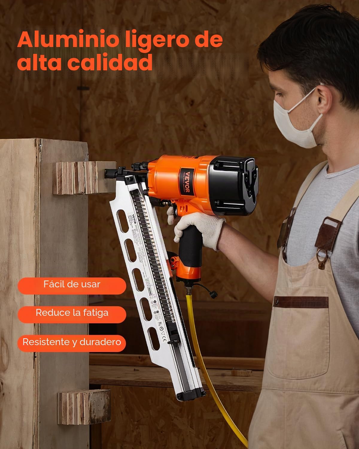 VEVOR Clavadora Neumática para Marcos, de 50 a 90 mm, con Cabezal Redondo 21 Grados, con Modos de Gatillo Doble y Ajuste de Profundidad, 80-120 PSI, para Marcos, Pisos y Cubiertas, 535 x 355 x 110 mm