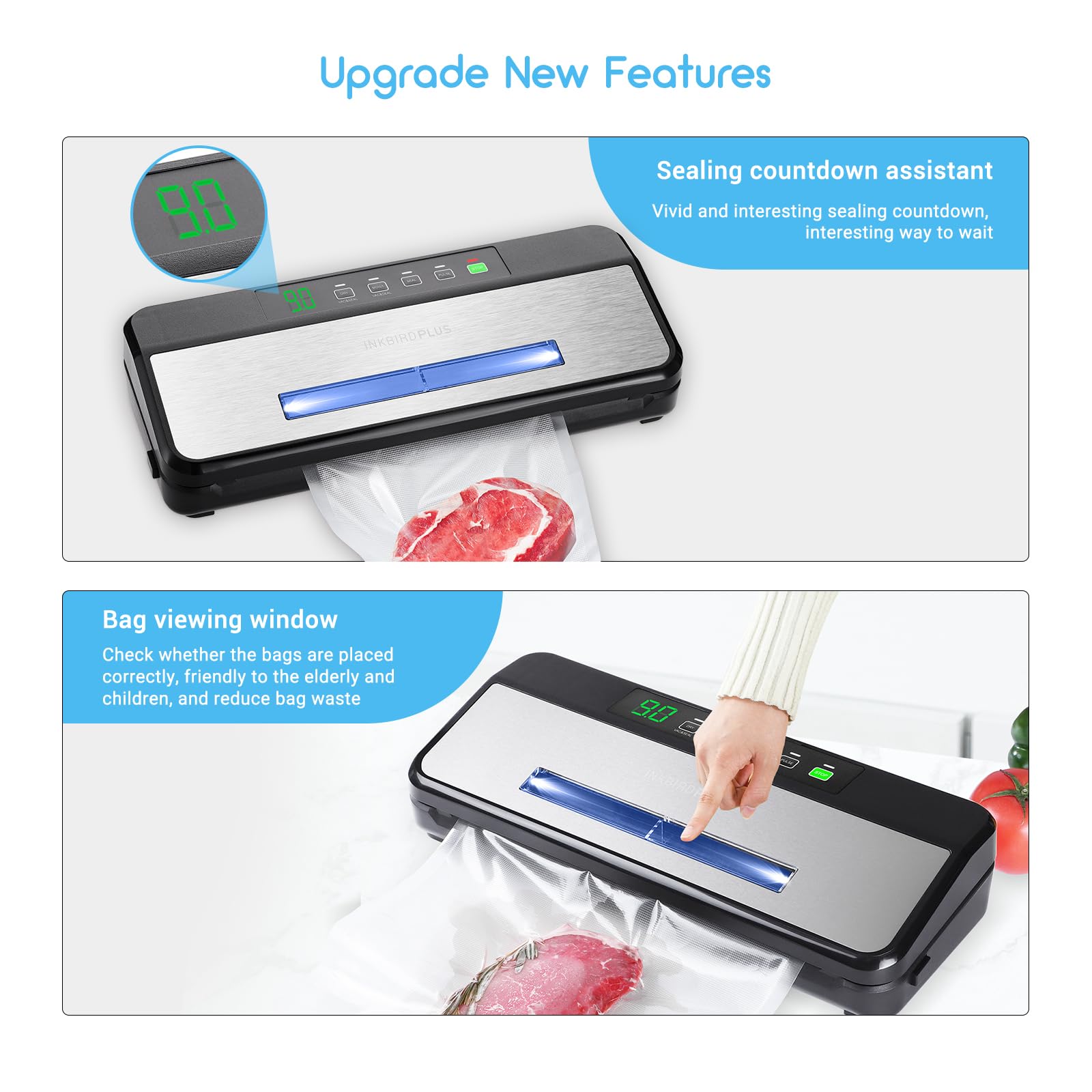 Repaly Vacuum Sealer Machine, Countdown Timer& Viewing Window for Food Storage, Air Sealing System Food Vacuum Sealer for Cooking, Sous Vide, Compact, Silver Black