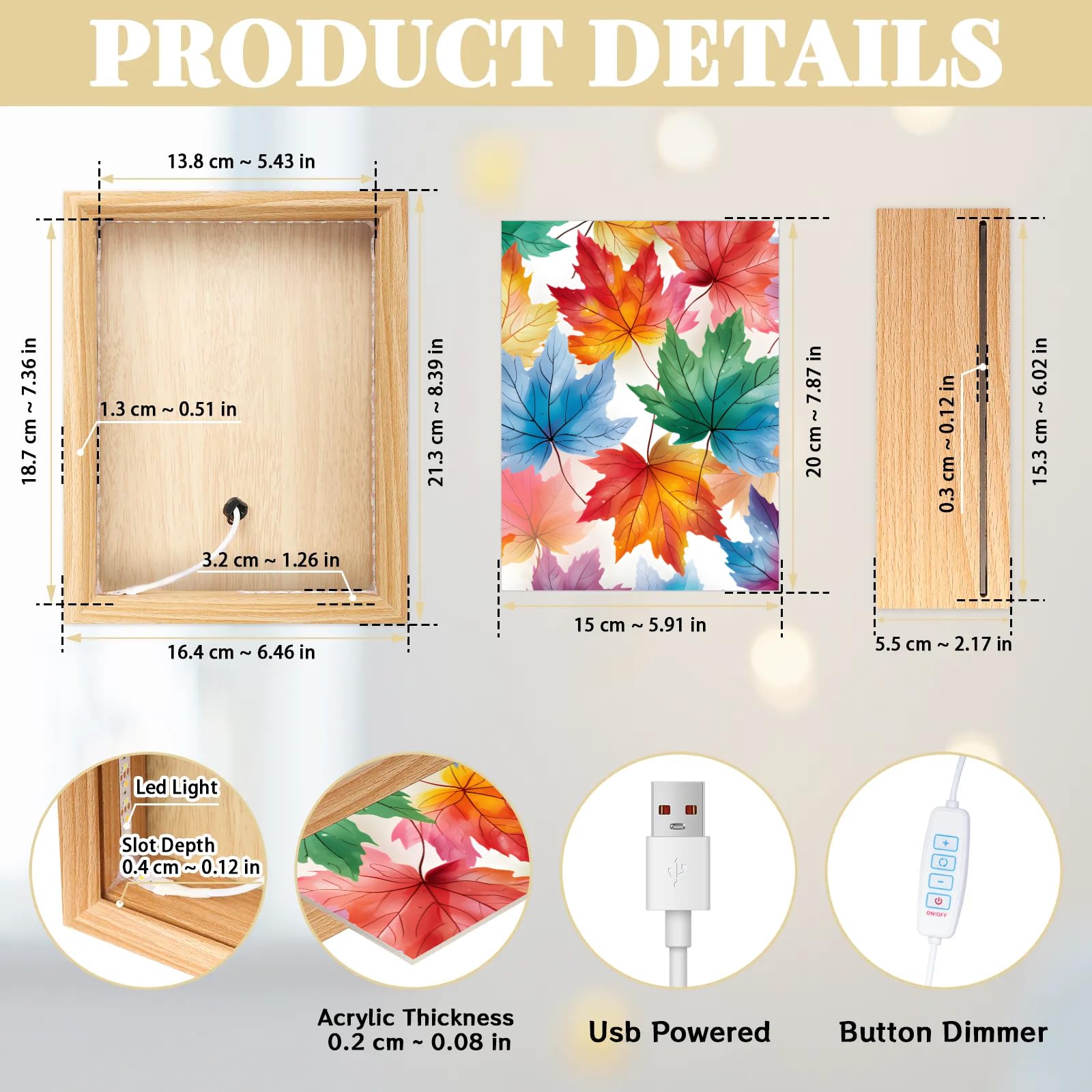 Light Up Painting, Colorful Maple Leaves Wall Art Picture Light Fantastic Leaves Light Up Desktop Art Frame, 10 Brightness, USB Powered, 3 Lighting Modes, Anxiety Relief Decor Gift for Bedroom Home