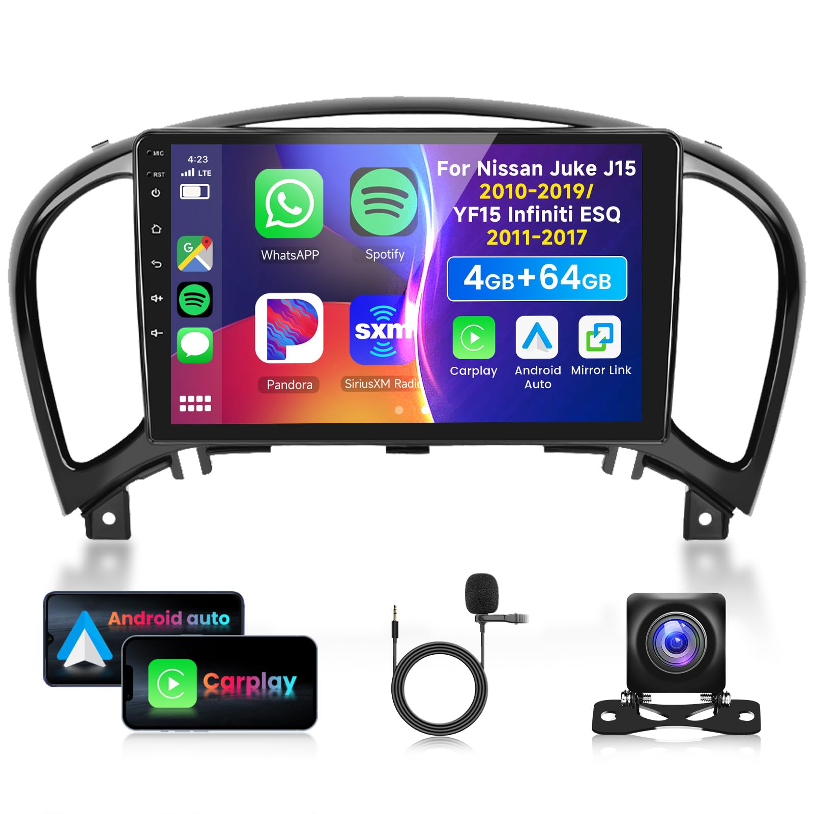 4G 64G VECHTEL 9" Radio para Coche con Bluetooth para Nissan Juke J15 2010-2019/ YF15 Infiniti ESQ 2011-2017 Carplay Android Auto DSP EQ,WiFi GPS,Radio RDS/FM 2 DIN con cámara de visión Trasera AHD