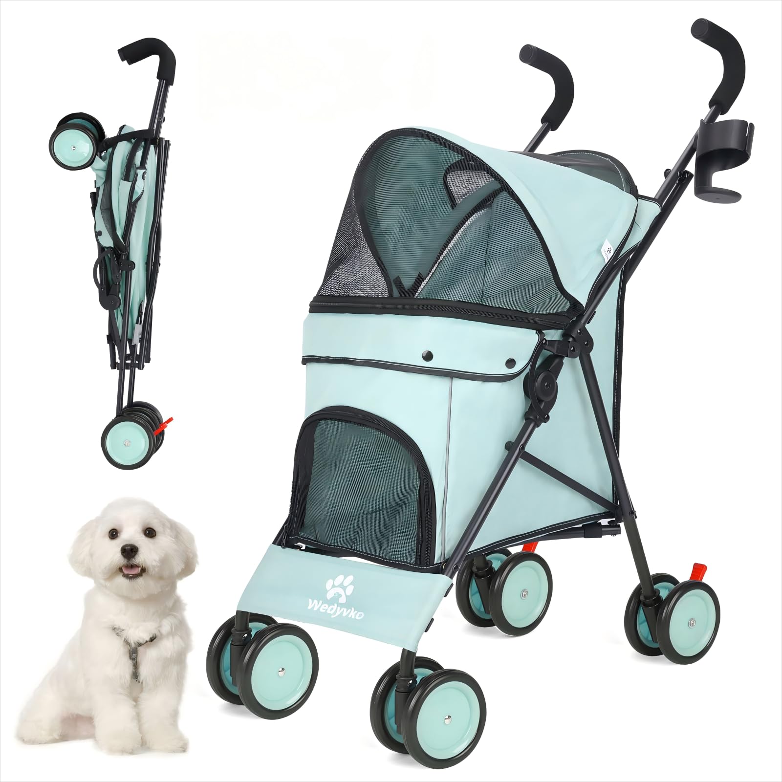 Parapluie Poussette pour petits chiens de 10 à 9 kg, poussette pliable légère 4,1 kg, avec double bandoulière à 4 roues, panier de rangement, porte-gobelet, vert foncé (bleu sarcelle)