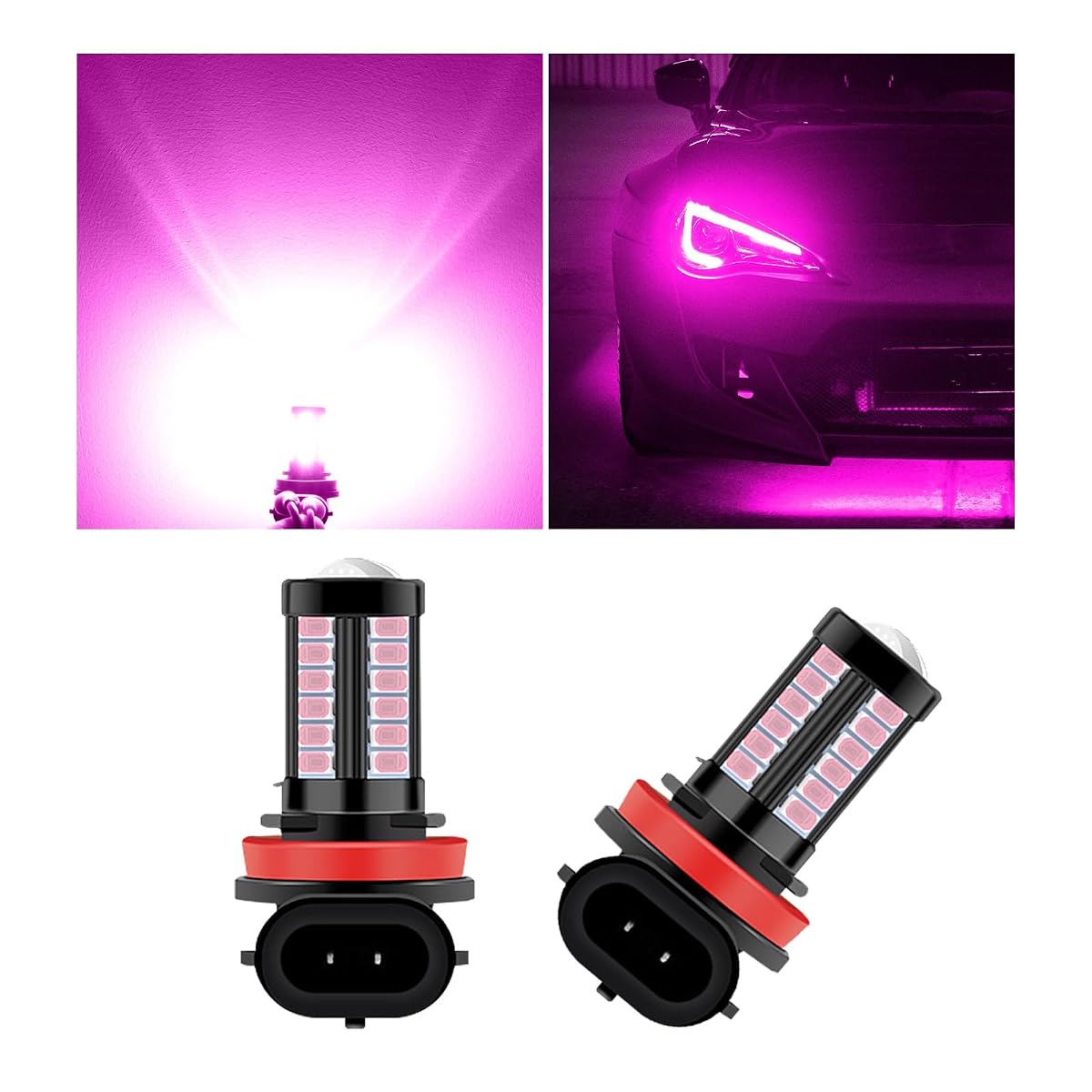 Yourkar H8 H11 LED Fog Light Bulbs, 12V Plug and Play, Aluminum, Pink,