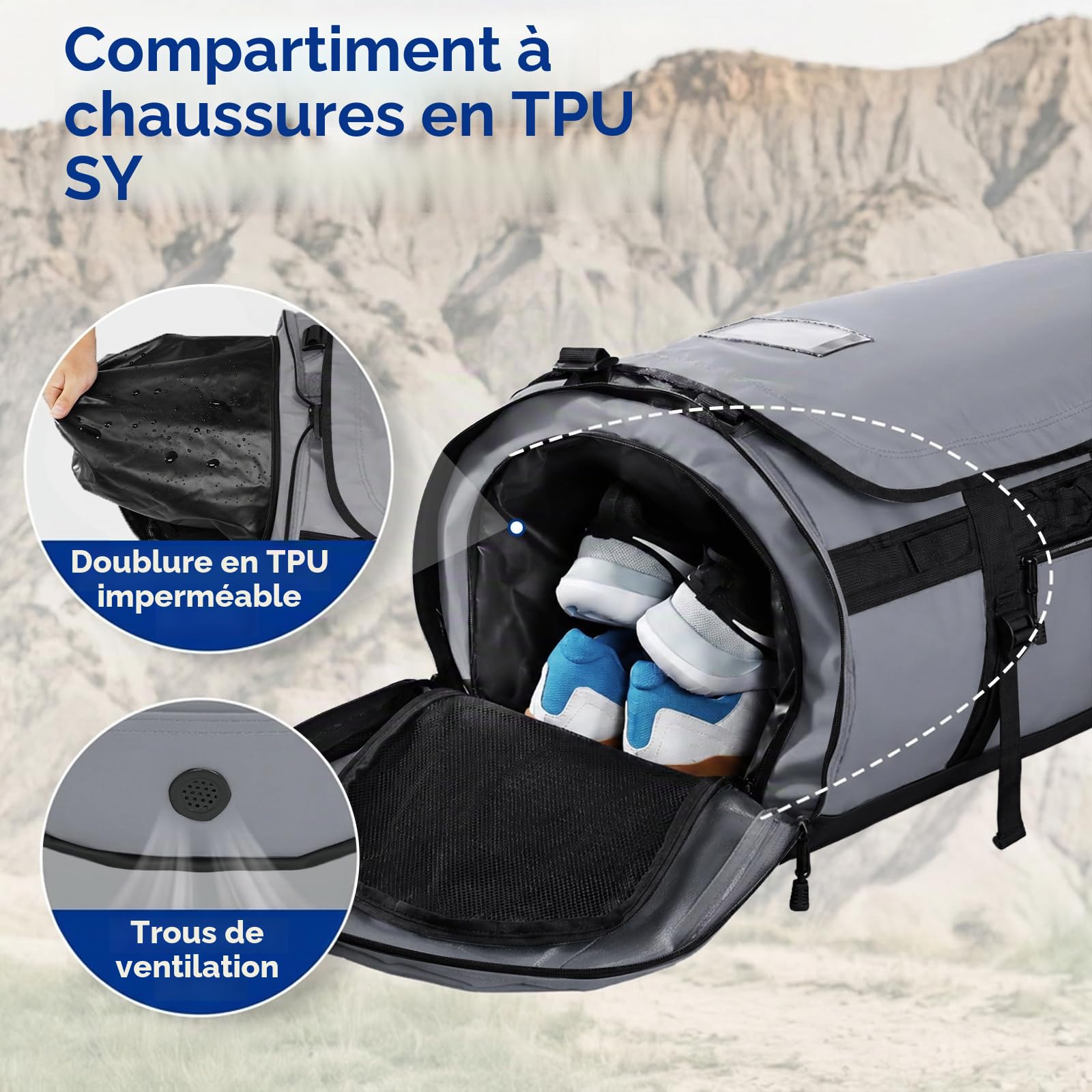Haimont - Sac de voyage résistant pour homme, convertible, grand sac de sport avec compartiment pour chaussures, imperméable, idéal pour le week-end, le camping, gris, 90L