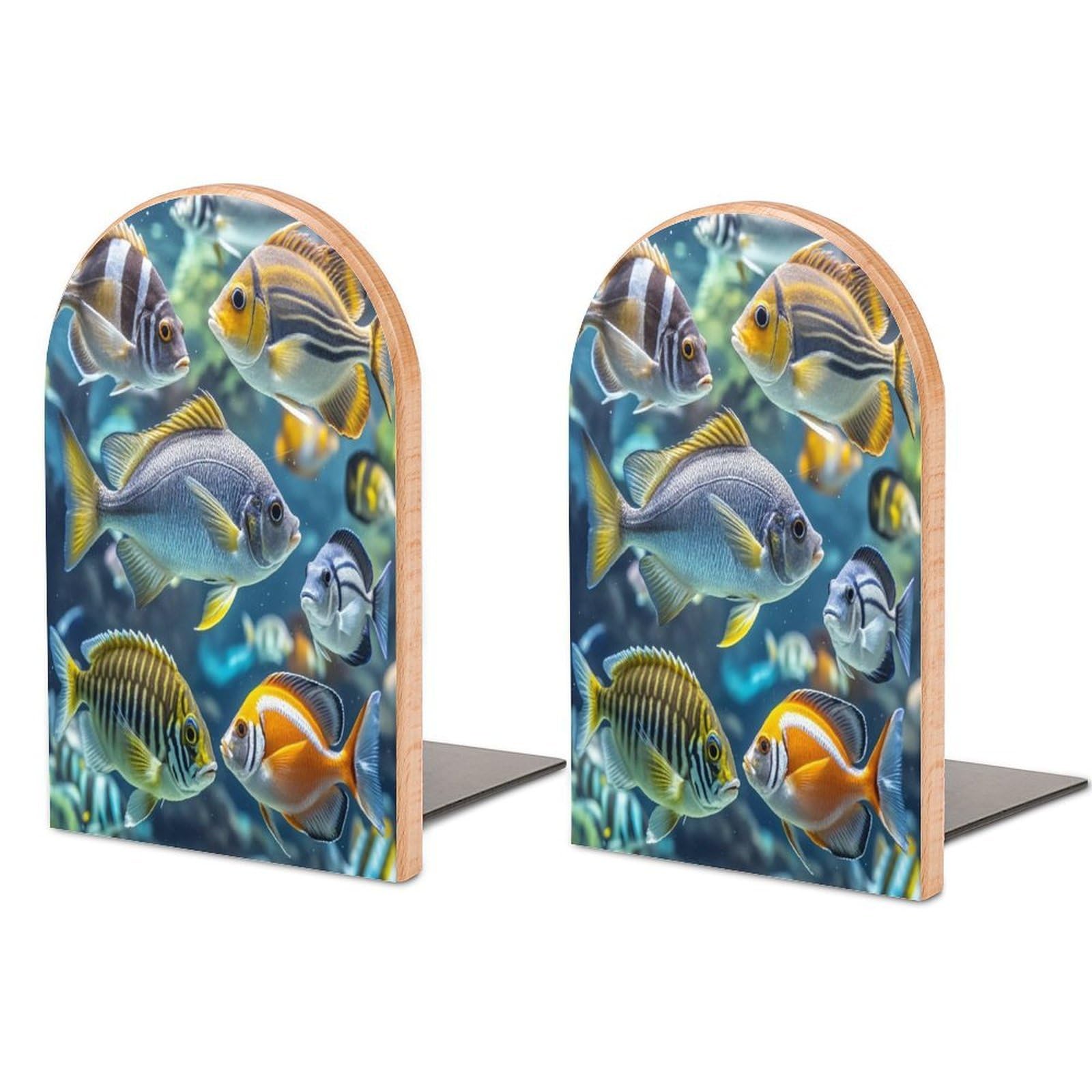 Fish Bookend Non-Skid Wooden Bookends for Shelves Heavy Duty Wood Book Ends Decorative Book Stopper Book Stand Non-Slip Book Organizer for Home Office Library