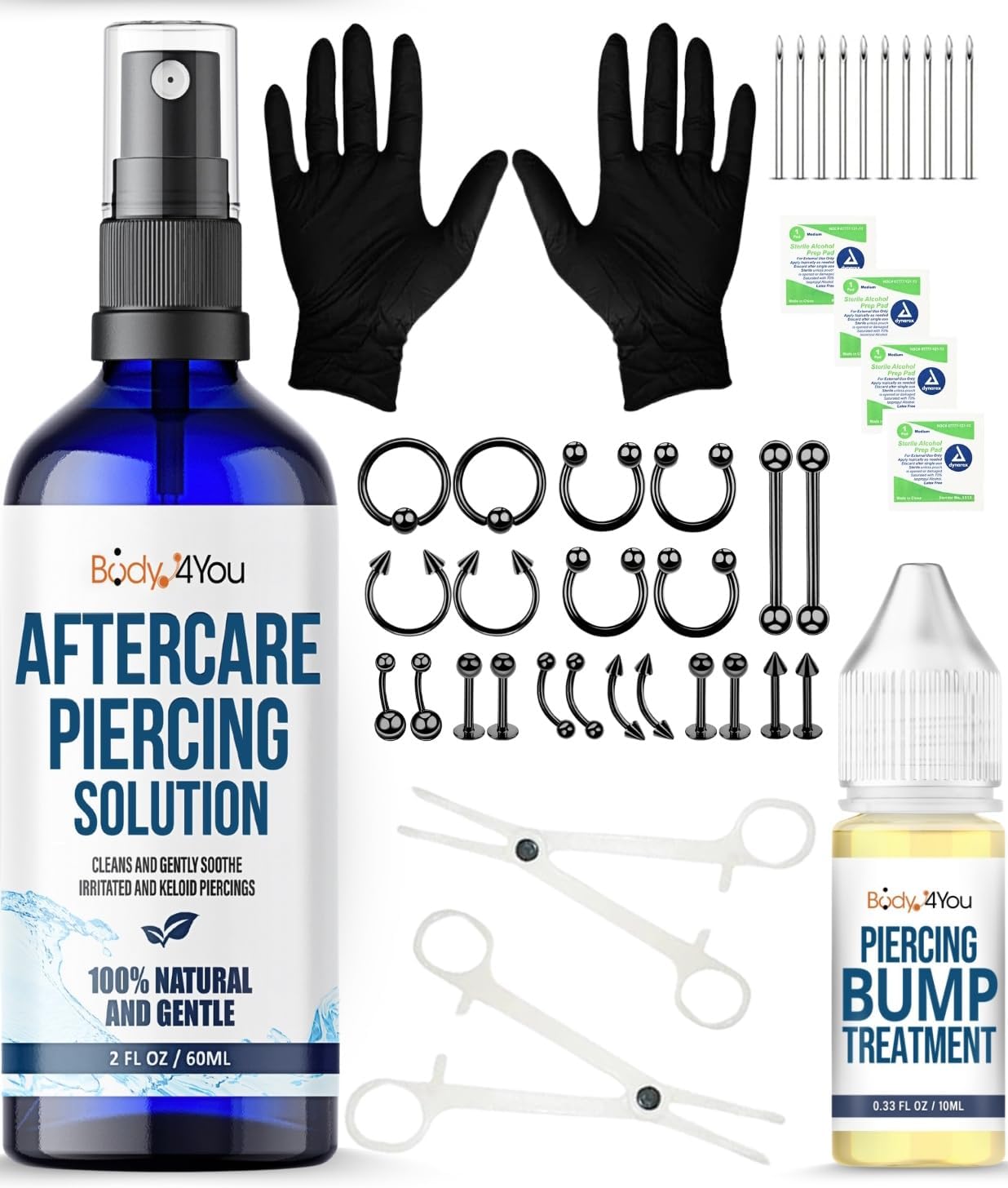 BodyJ4You 38PC Body Piercing Kit Aftercare Saline Cleanser Bump Removal | Belly Ring Nose Septum Tragus Ear Cartilage Industrial | Horseshoe Ring Hoop Barbell Stud Spike | 14G 16G 18G 20G