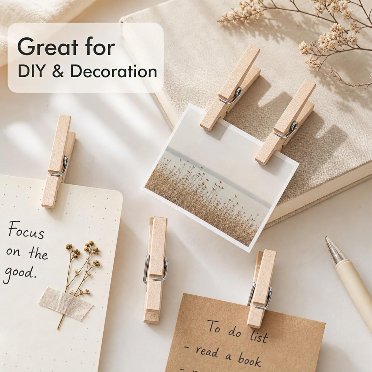 Mini Wooden Clothespins, 50 Pack Natural Birch Wood Clips with Spring for Crafts, Photo Hanging, DIY Projects, Party & Home Decoration (Natural-1 Inch)