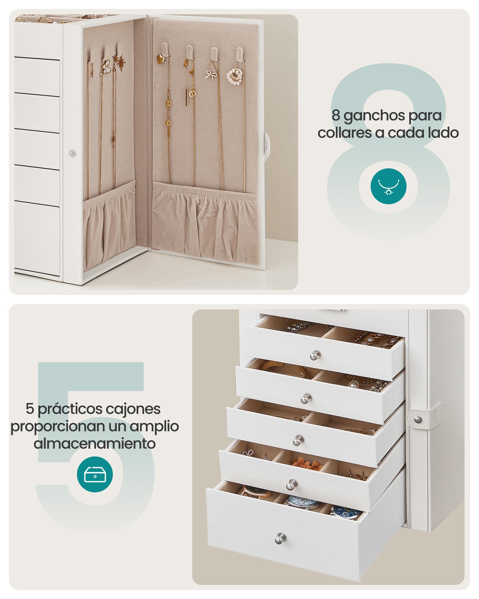 SONGMICS Caja Joyero de 6 Niveles, 5 Cajones, con Espejo y Cerradura, Blanco JBC152W01