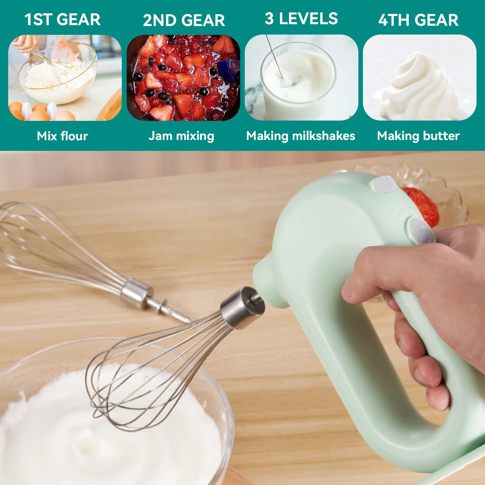 Frullatore manuale ricaricabile senza fili, mini 4 velocità, regolabile, USB, ricaricabile, per whisk a mano, portatile, 1500 mAh, con 2 martelli per uova (verde)
