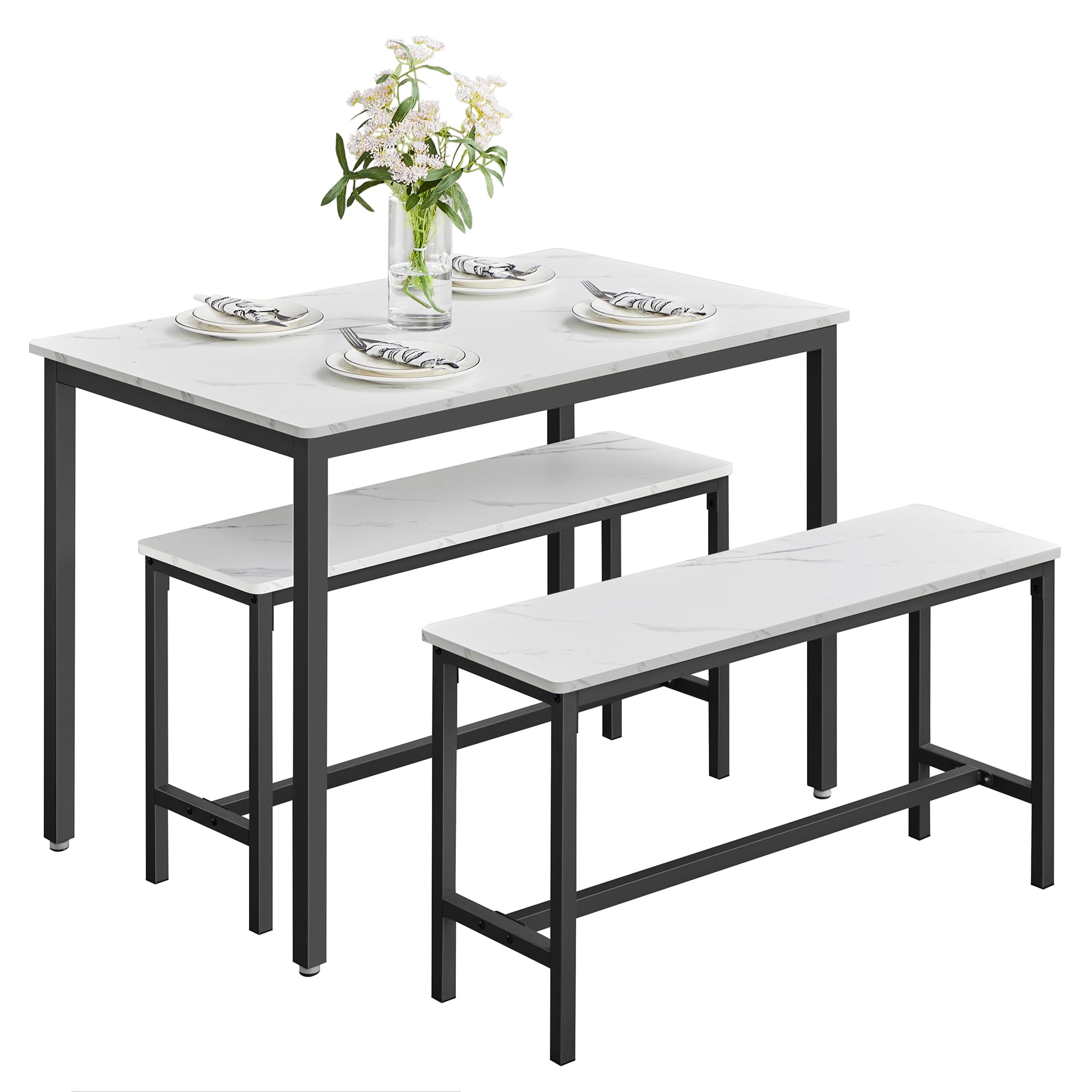 VASAGLE Dining Table with 2 Benches, 3 Piece Set, Kitchen Table of 70 x 110 x 75 cm, 2 Benches of 30 x 97 x 50 cm Each, Steel Frame, Industrial Design, Rustic Brown and Black KDT070B01 — view 9