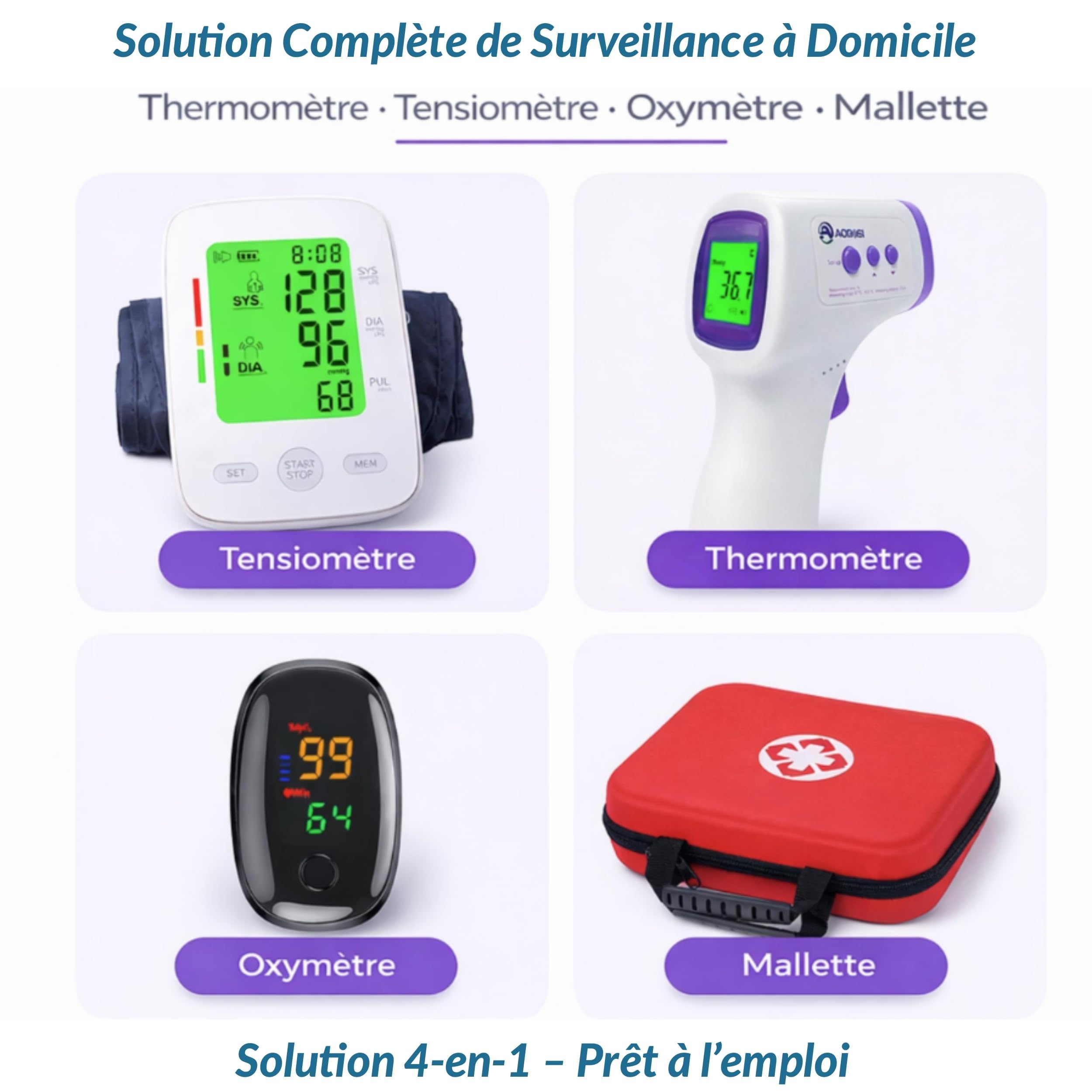 Tensiomètre Bras Électronique + Oxymètre de Doigt + Thermomètre Frontal – Kit Santé à Domicile 3en1 avec Mallette Rigide – Grands Écrans – Pack Surveillance Tension & Température– Seniors & Famille