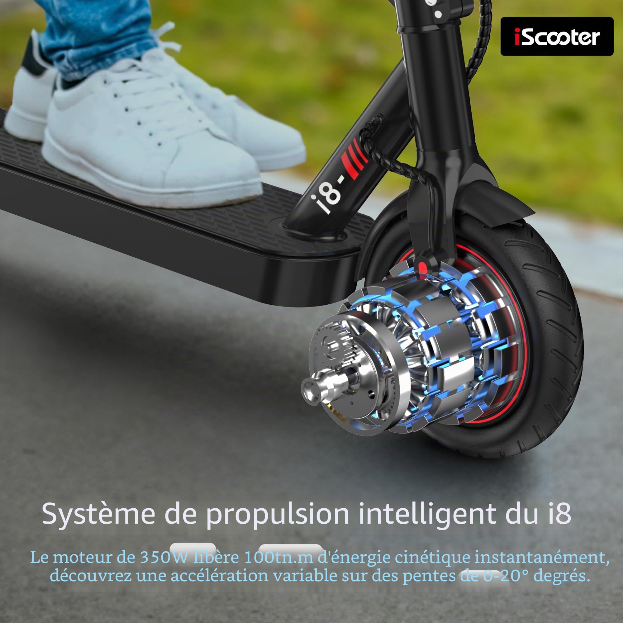 iScooter i8 Trottinette électrique Pliable pour Adolescents et Adultes, Moteur de 350 W, autonomie 20-30 km, Max 25 km/h, Batterie 187,2 Wh, Charge 100 kg, Double freinage, déplacements Quotidiens
