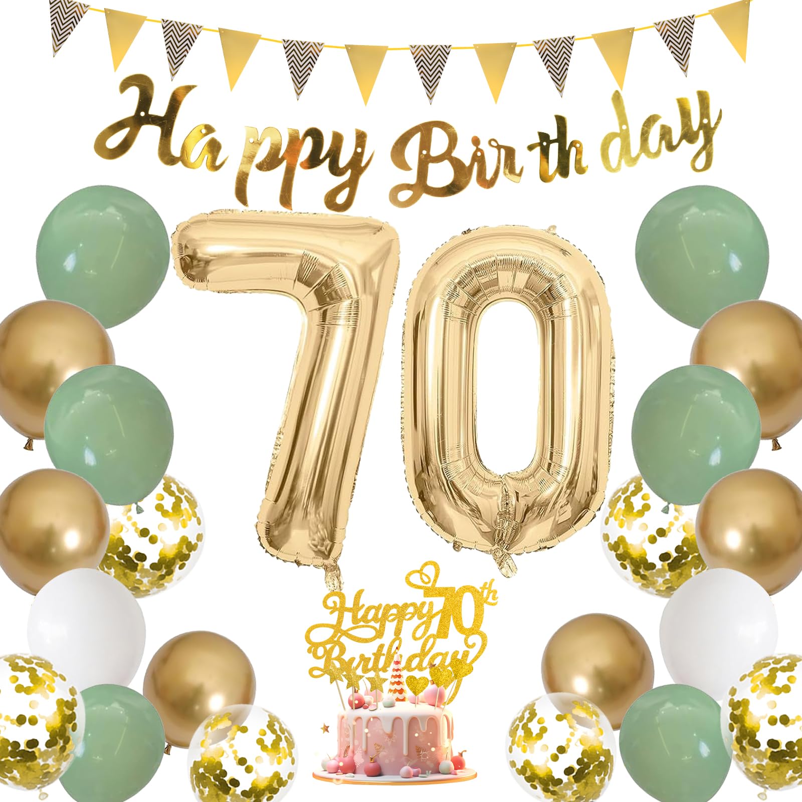 Moorle Geburtstagsdeko frau 70 jahre, Salbeigrüne Deko 70. Geburtstag Männer, Grün Weiß Gold Luftballons 70 Geburtstag, Party Ballons mit Banner Flaggen, tortendeko für 70.ter Geburtstag Dekoration