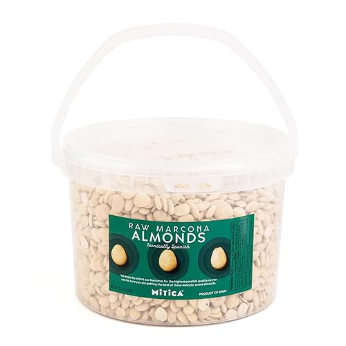 Mitica Almendras marcona españolas, crudas y sin sal, tina de 11 libras, nueces gourmet a granel de primera calidad para cocinar, hornear y