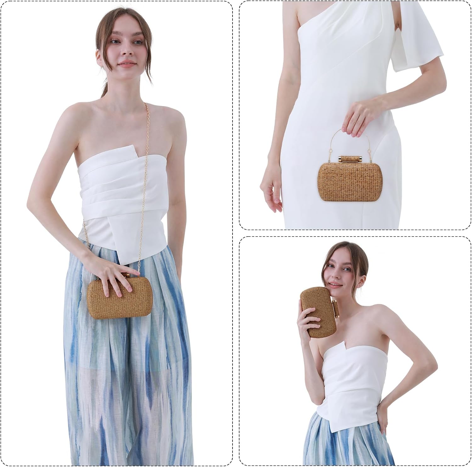 Straw Clutch Purse for Women, Hand-Woven Wicker Evening Handbag, Raffia Party Wedding Beach Bag for Summer