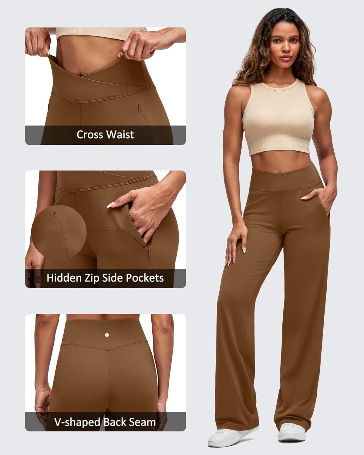 G4Free BareFeel Yoga Pants with Zipper Pockets for Women High Stretch Wide Leg Cross Waist Casual Trousers 29"/31"/33" - Image 3