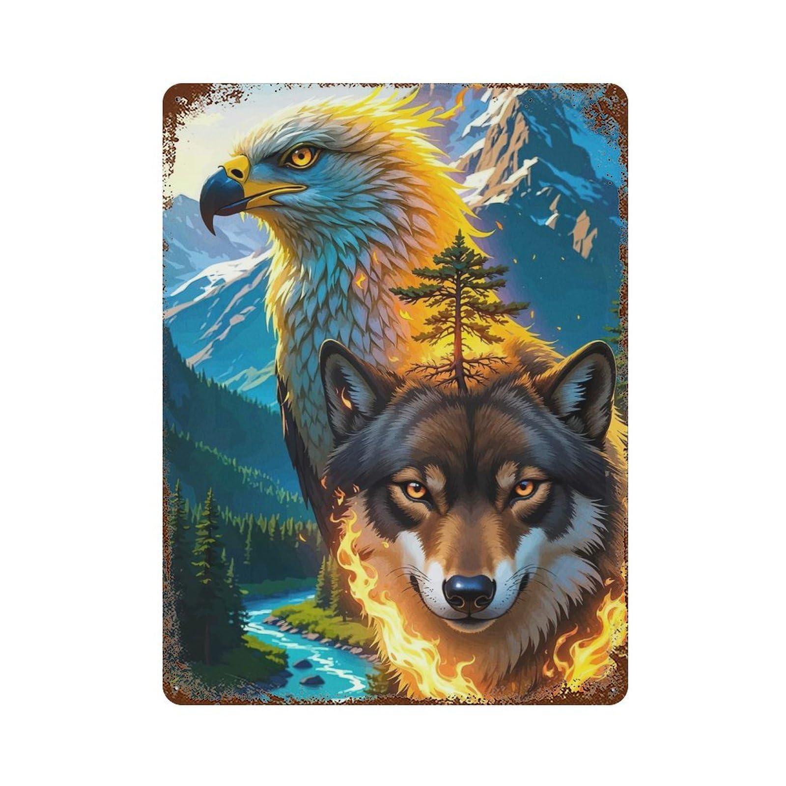 Eagle Wolf Mountain Landscape Vintage Rust Metal Sign 15.7"x11.8", Classic Wall Plaque for Basement, Hobby Room And Garage Decor